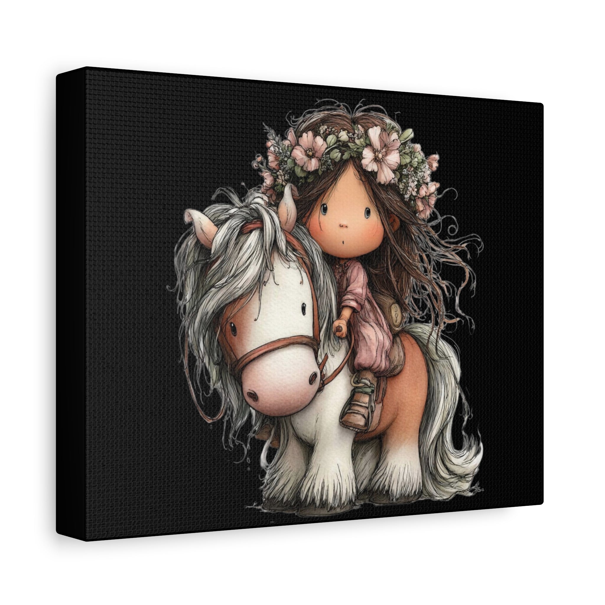 Cute Girl on Pony Canvas Wall Art — Whimsical Floral Crown Nursery Decor