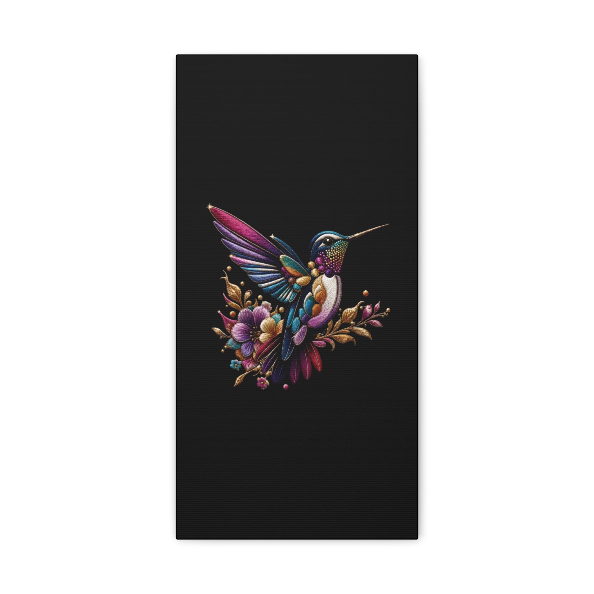Colorful Hummingbird Floral Canvas Wall Art – Vibrant Bird Print on Black Matte