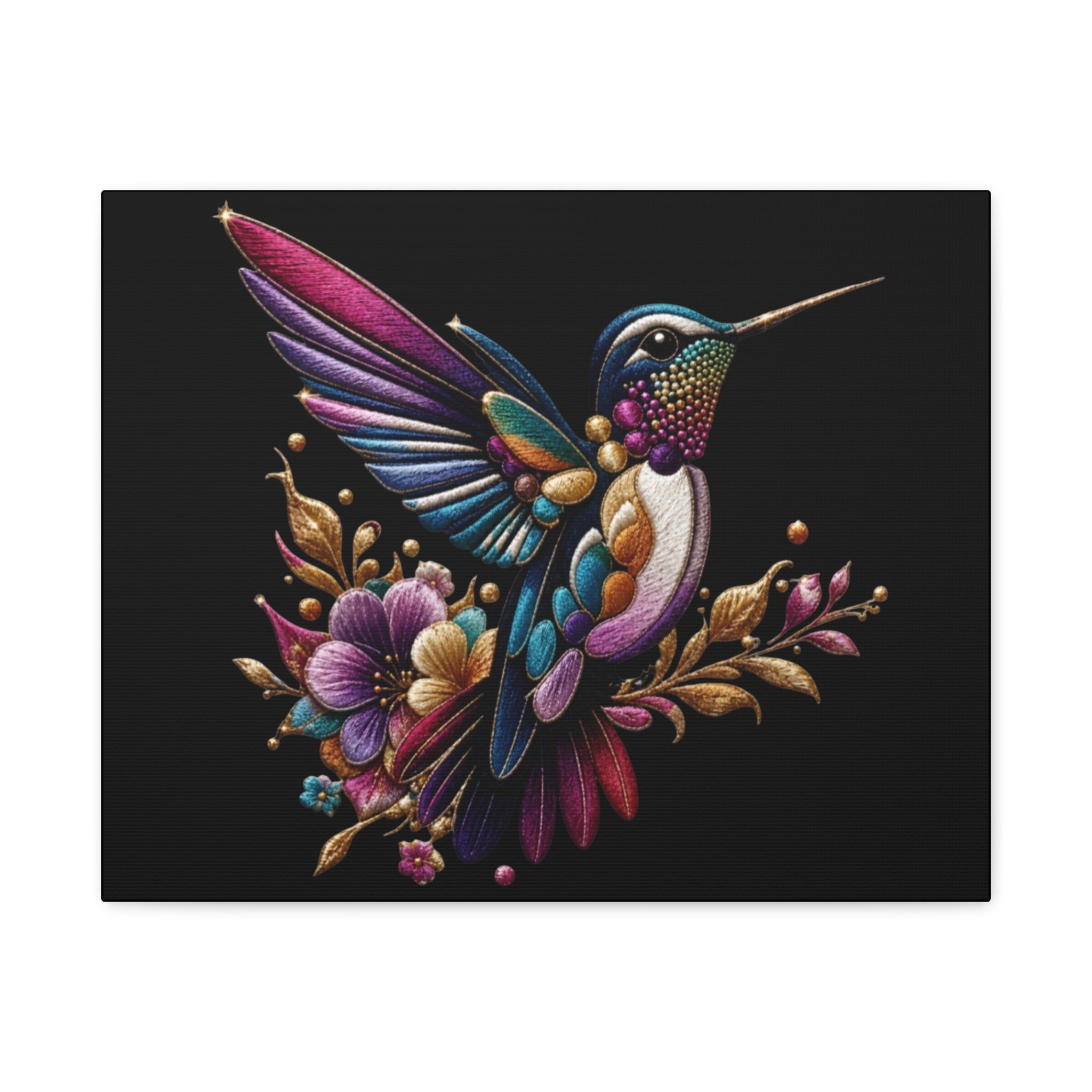 Colorful Hummingbird Floral Canvas Wall Art – Vibrant Bird Print on Black Matte