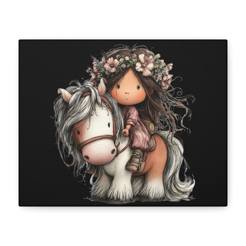 Cute Girl on Pony Canvas Wall Art — Whimsical Floral Crown Nursery Decor