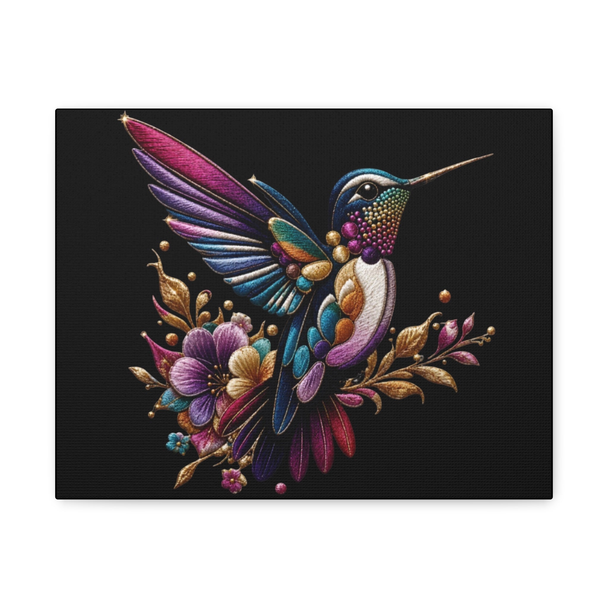 Colorful Hummingbird Floral Canvas Wall Art – Vibrant Bird Print on Black Matte