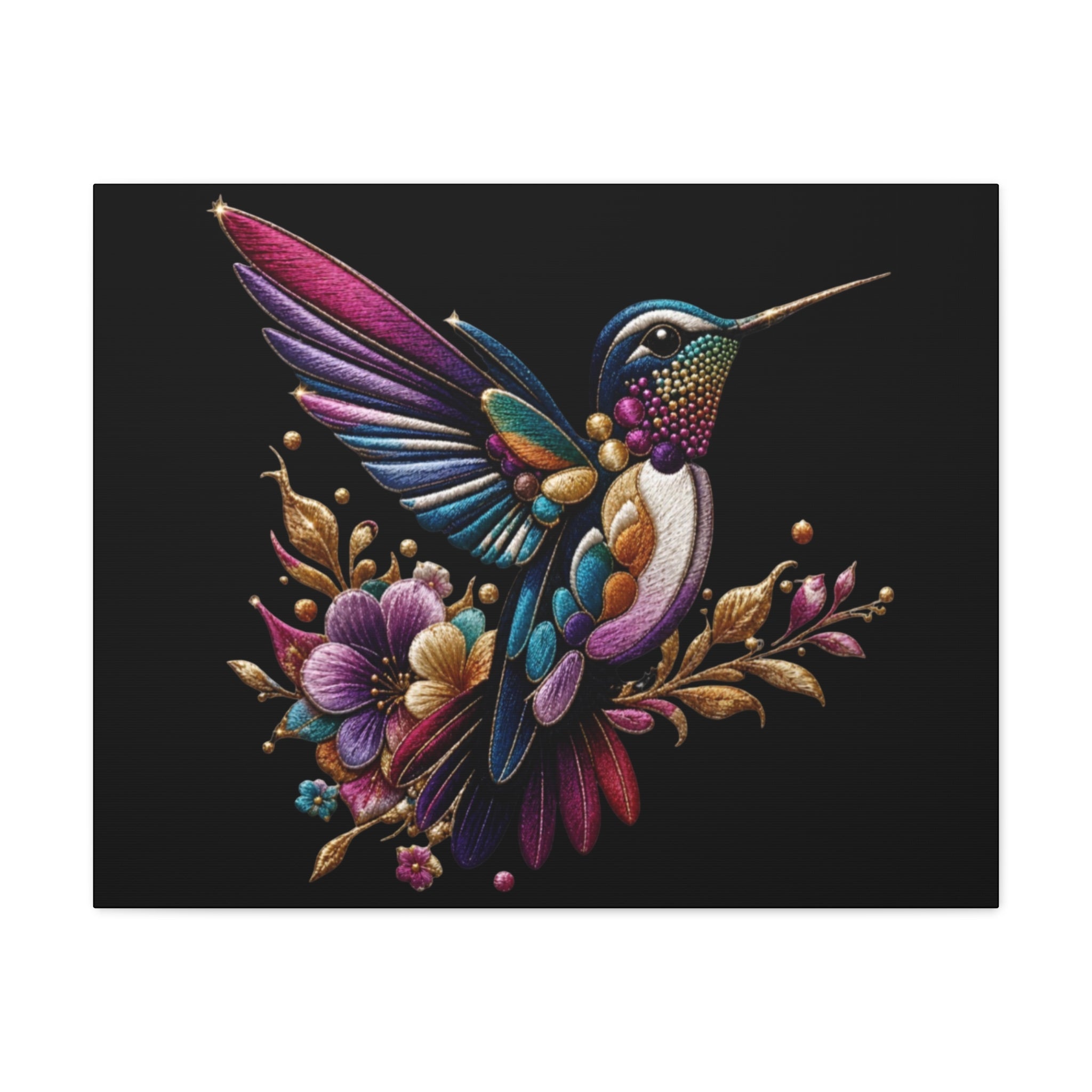 Colorful Hummingbird Floral Canvas Wall Art – Vibrant Bird Print on Black Matte