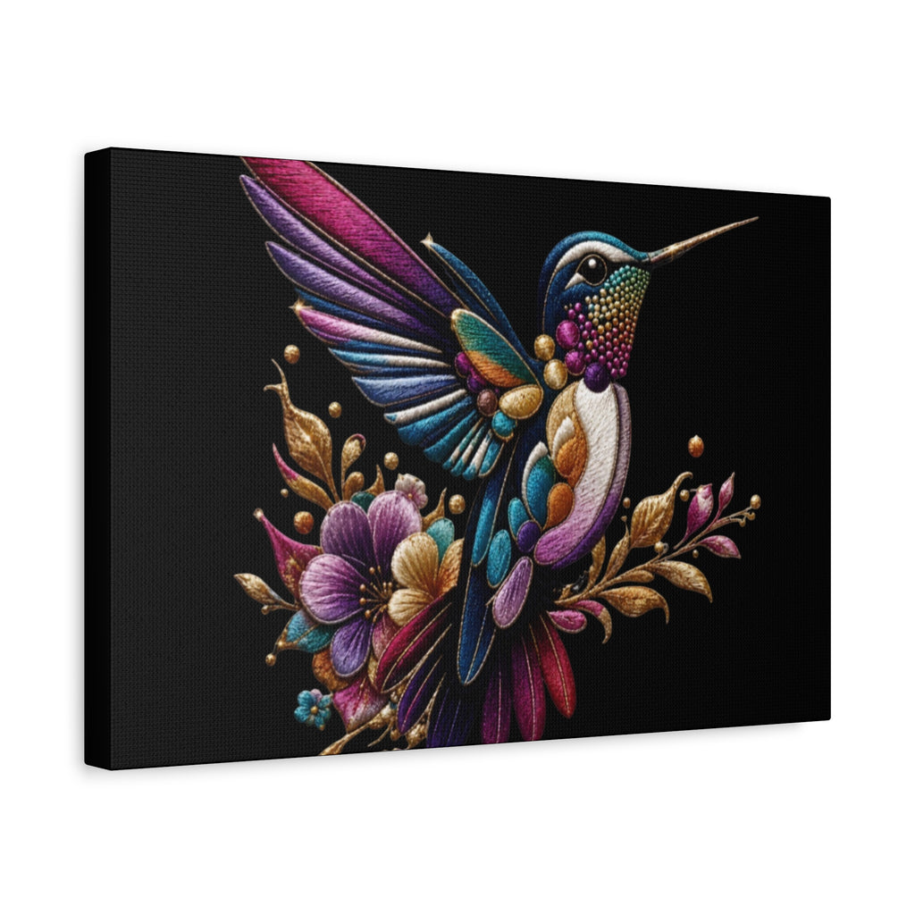 Colorful Hummingbird Floral Canvas Wall Art – Vibrant Bird Print on Black Matte
