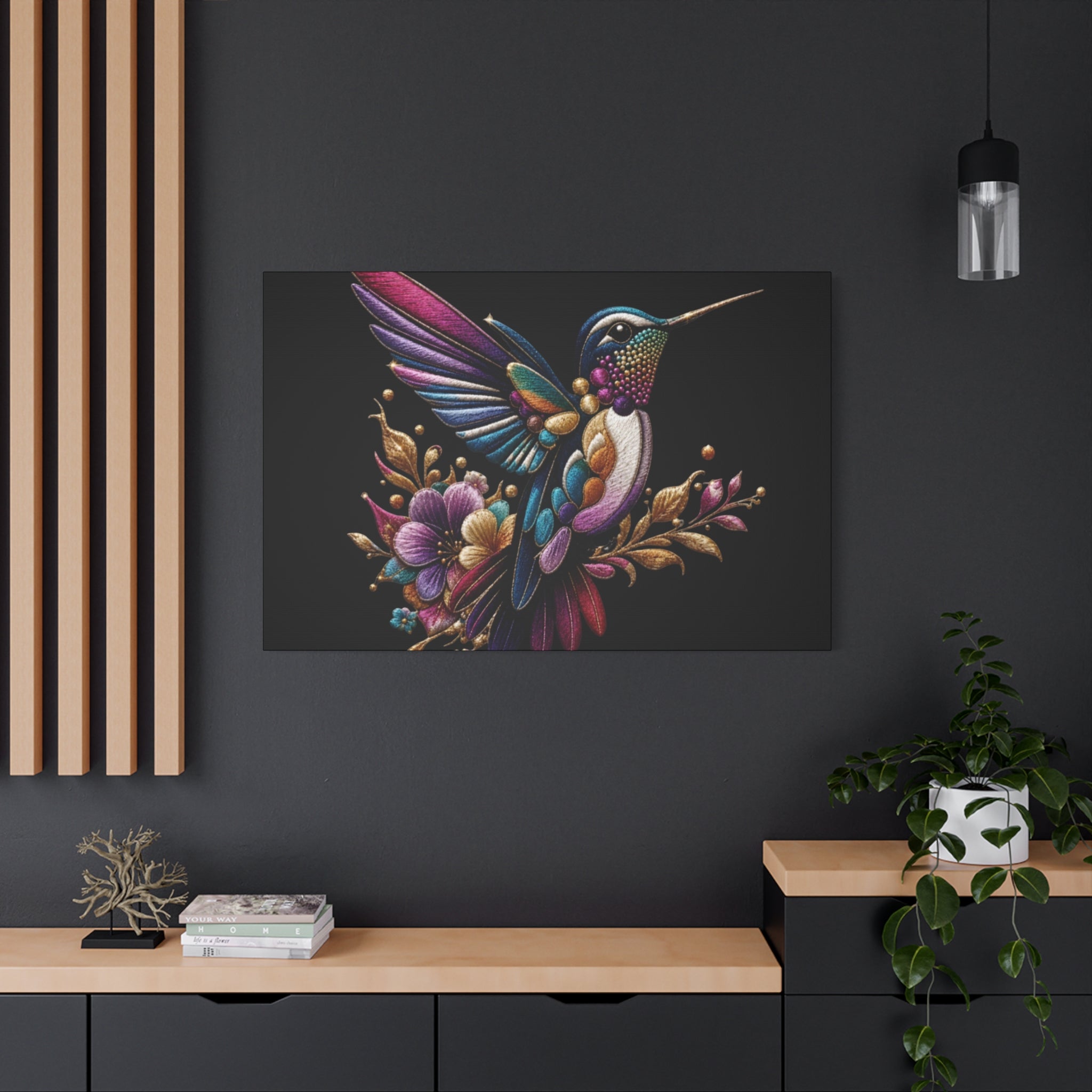 Colorful Hummingbird Floral Canvas Wall Art – Vibrant Bird Print on Black Matte