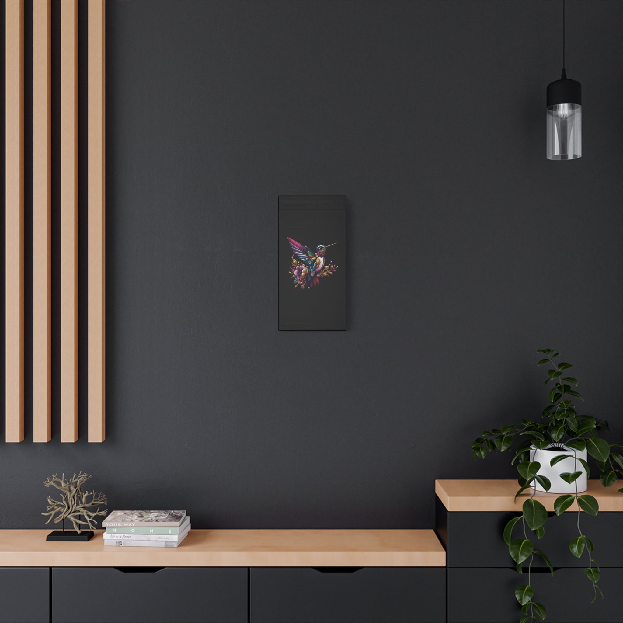 Colorful Hummingbird Floral Canvas Wall Art – Vibrant Bird Print on Black Matte