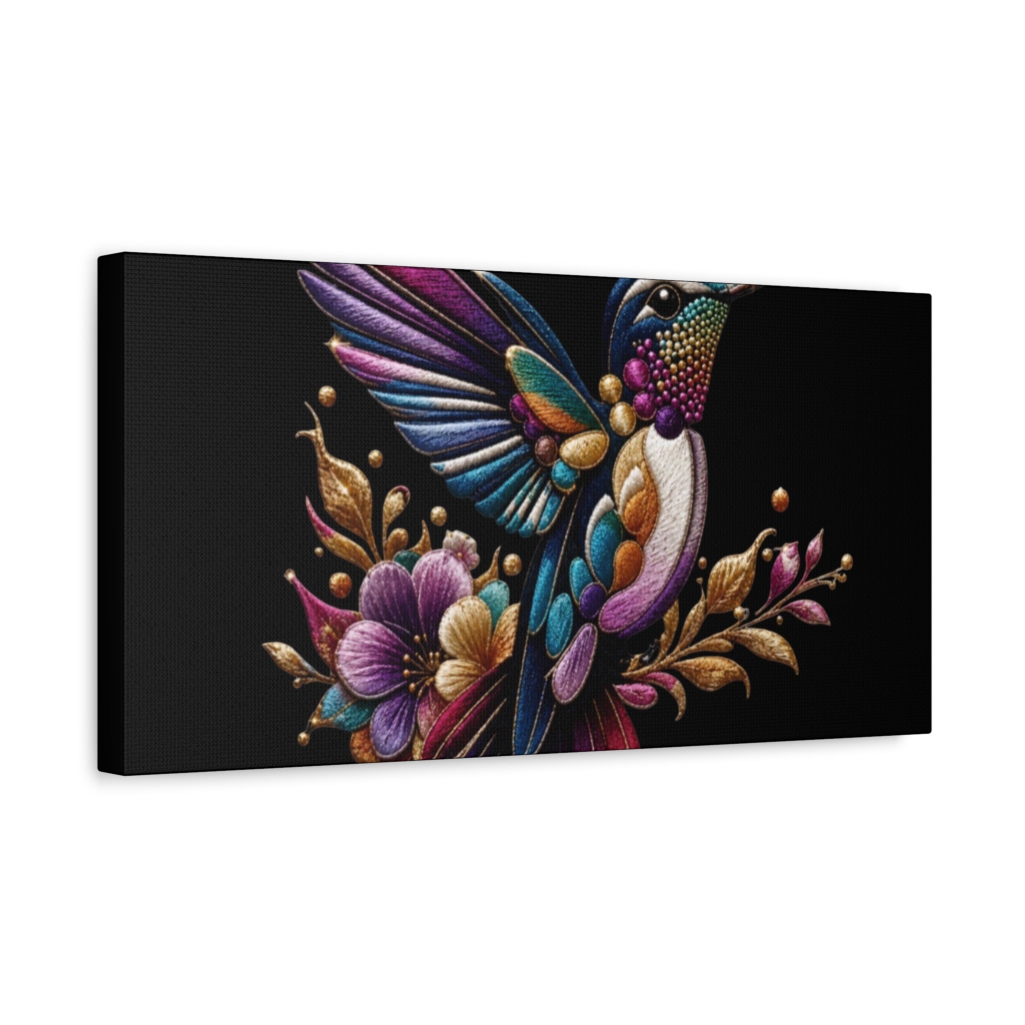 Colorful Hummingbird Floral Canvas Wall Art – Vibrant Bird Print on Black Matte