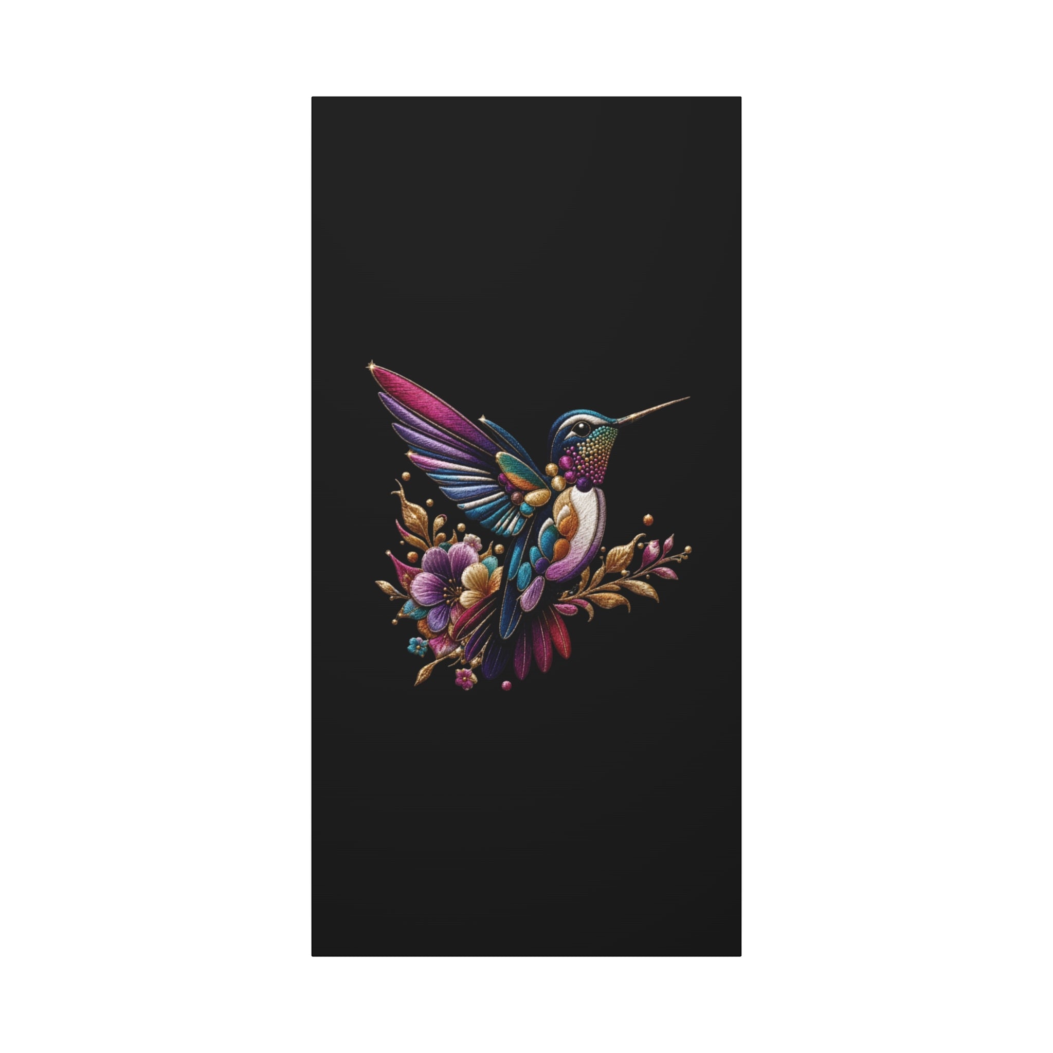 Colorful Hummingbird Floral Canvas Wall Art – Vibrant Bird Print on Black Matte