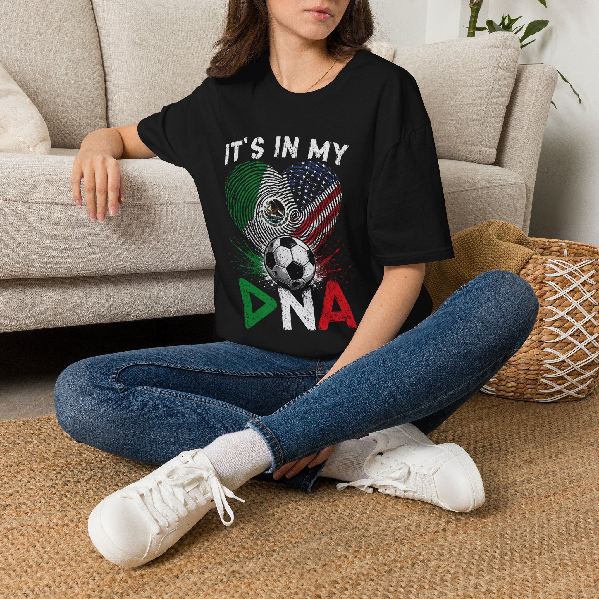 Soccer DNA T-Shirt — It's In My Heart with USA & Mexico Flag Fingerprint