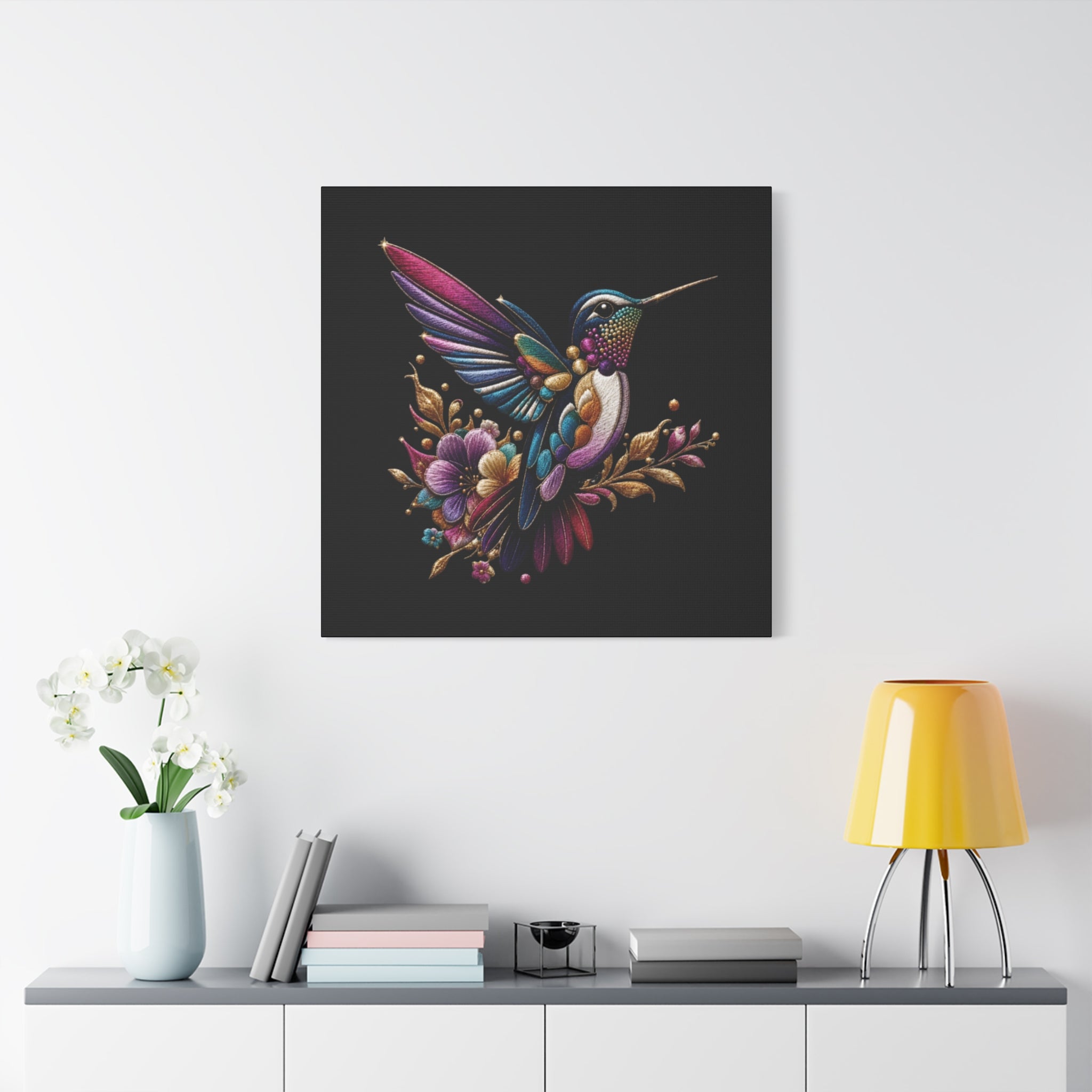 Colorful Hummingbird Floral Canvas Wall Art – Vibrant Bird Print on Black Matte