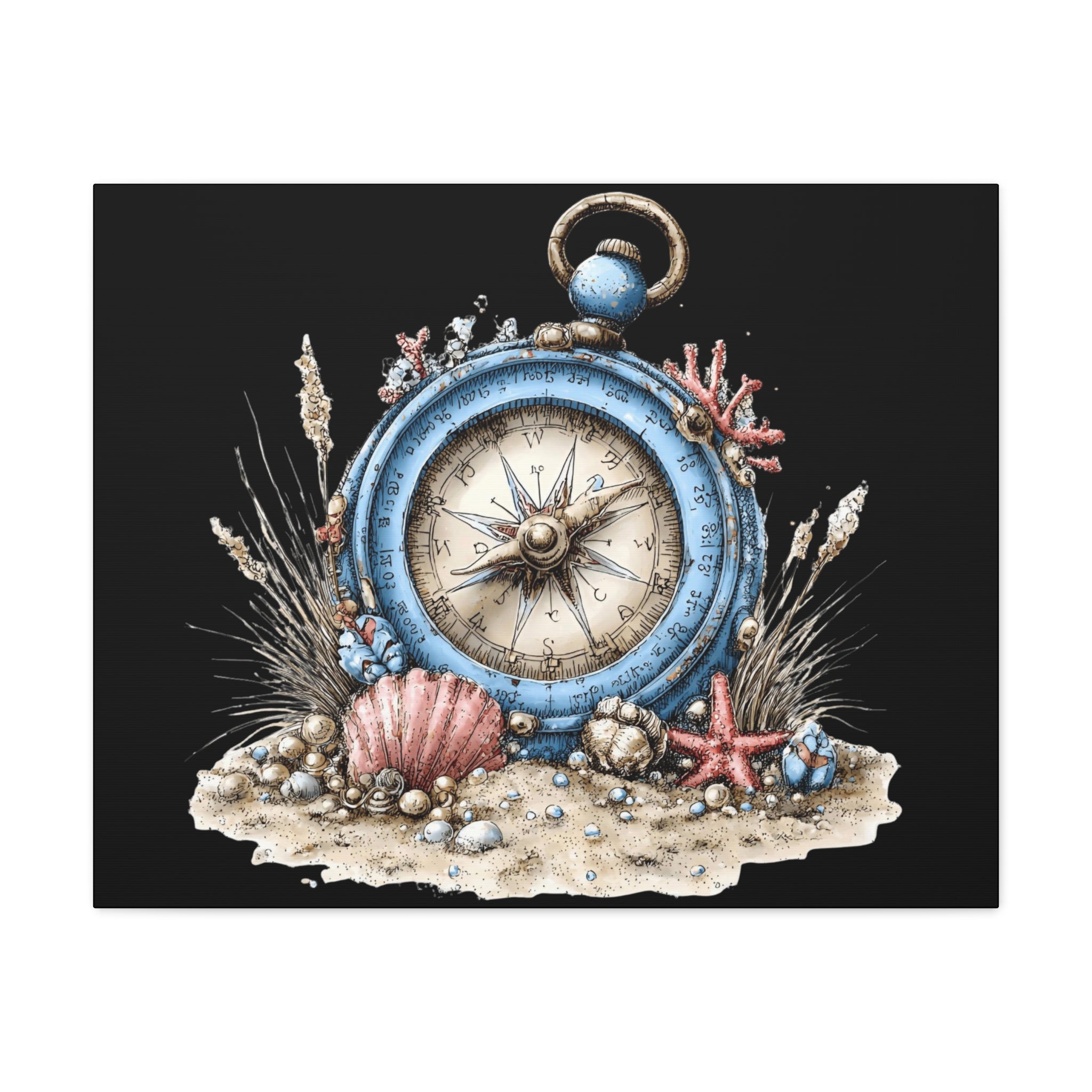 Nautical Compass Canvas Wall Art — Vintage Sea Shell Beach Decor