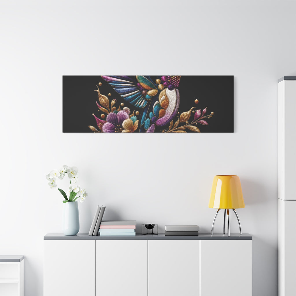 Colorful Hummingbird Floral Canvas Wall Art – Vibrant Bird Print on Black Matte