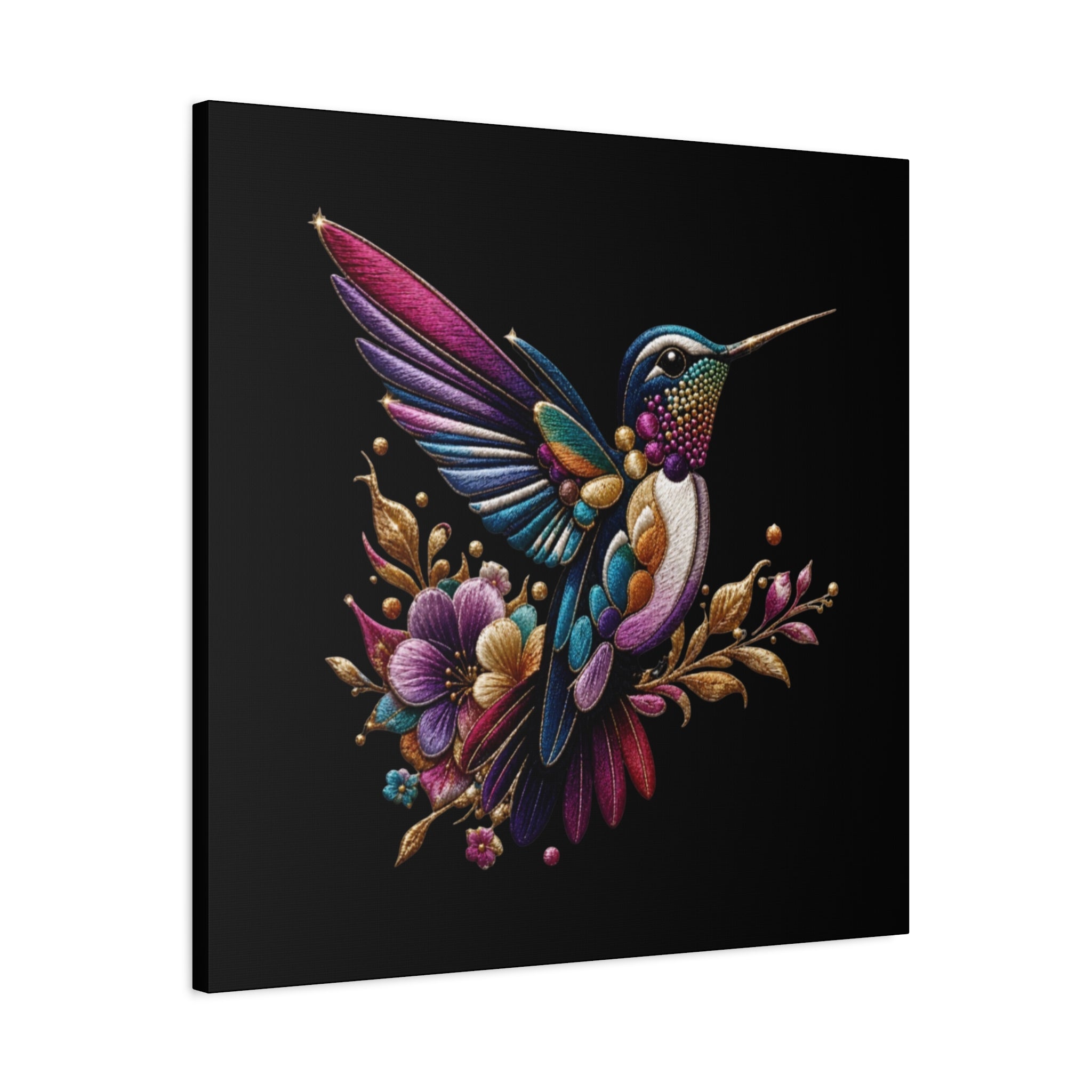 Colorful Hummingbird Floral Canvas Wall Art – Vibrant Bird Print on Black Matte