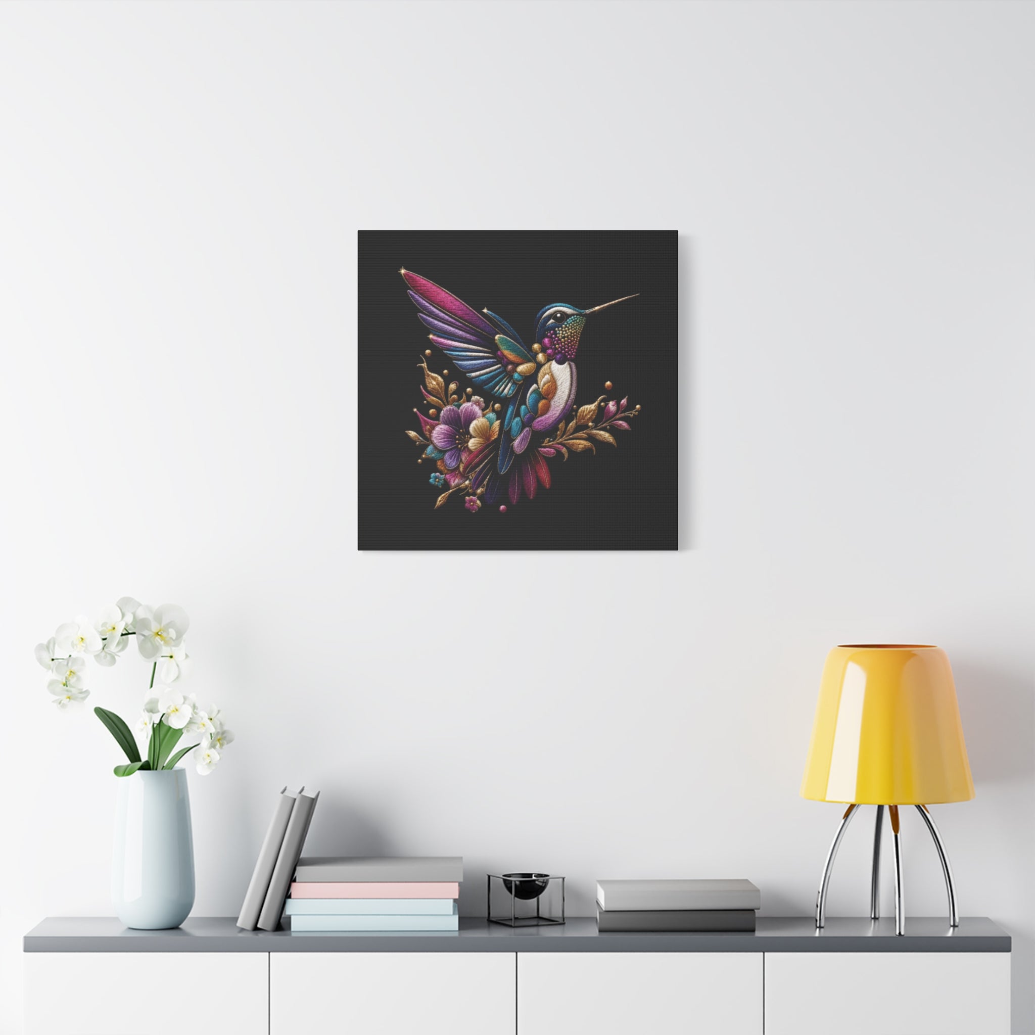 Colorful Hummingbird Floral Canvas Wall Art – Vibrant Bird Print on Black Matte