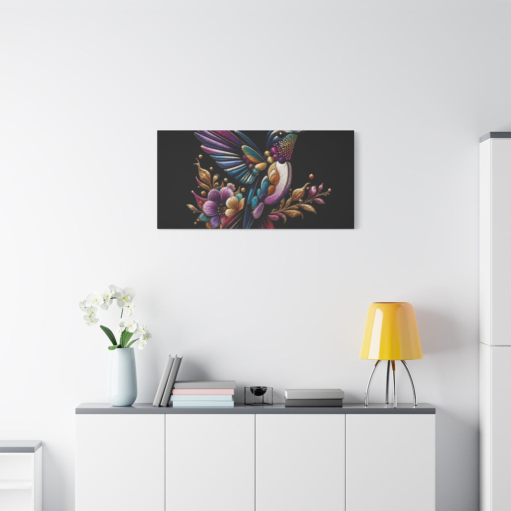 Colorful Hummingbird Floral Canvas Wall Art – Vibrant Bird Print on Black Matte
