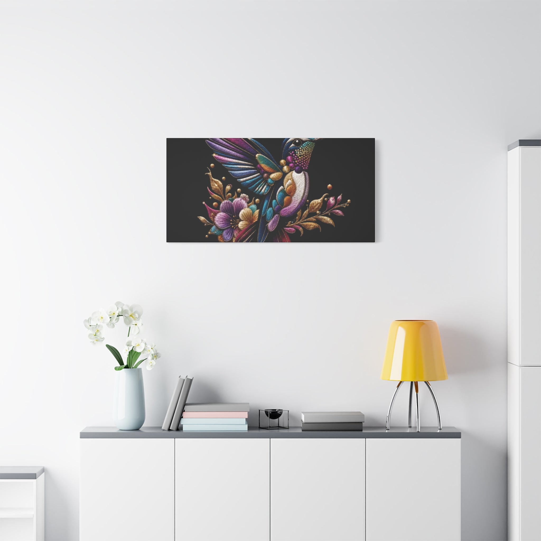 Colorful Hummingbird Floral Canvas Wall Art – Vibrant Bird Print on Black Matte