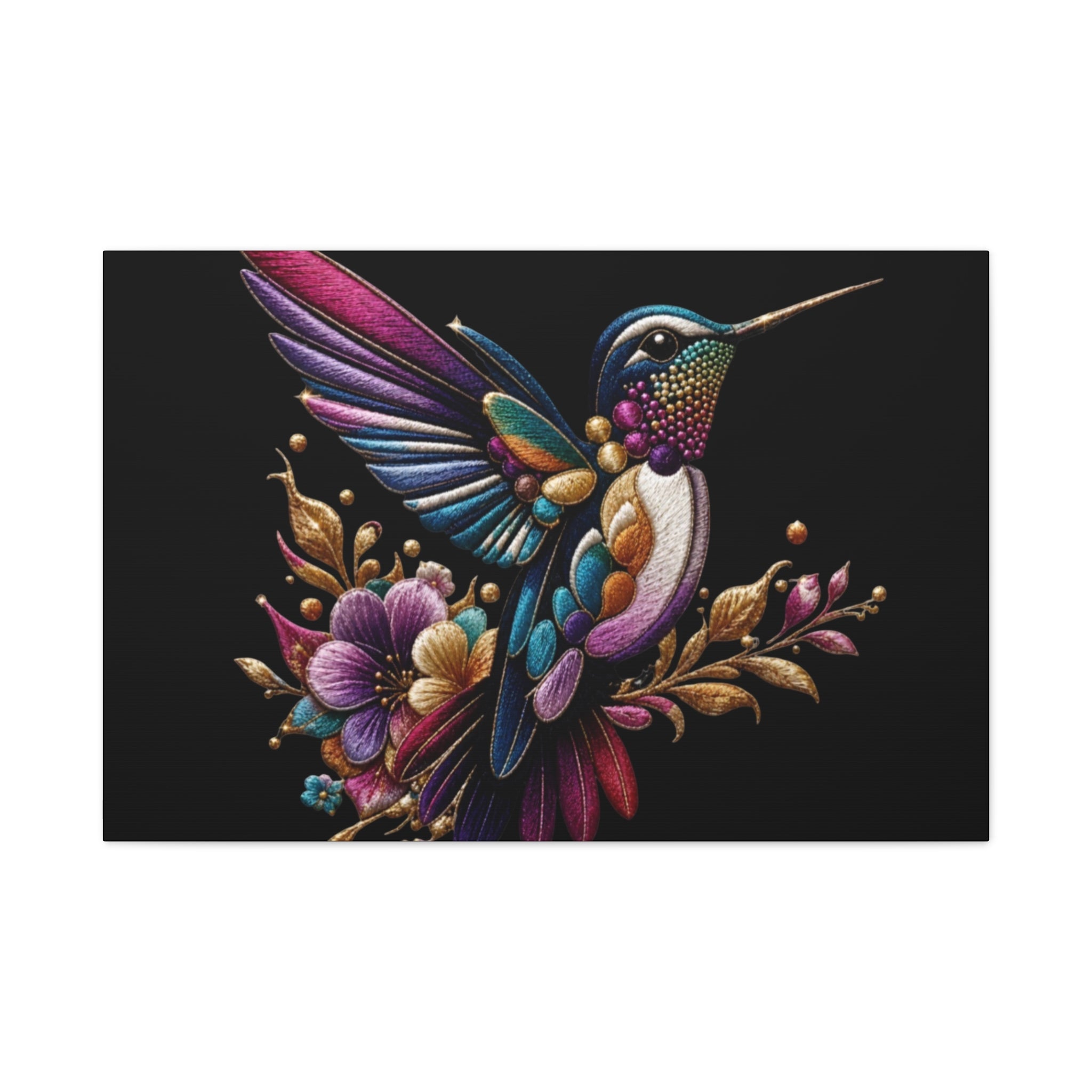 Colorful Hummingbird Floral Canvas Wall Art – Vibrant Bird Print on Black Matte