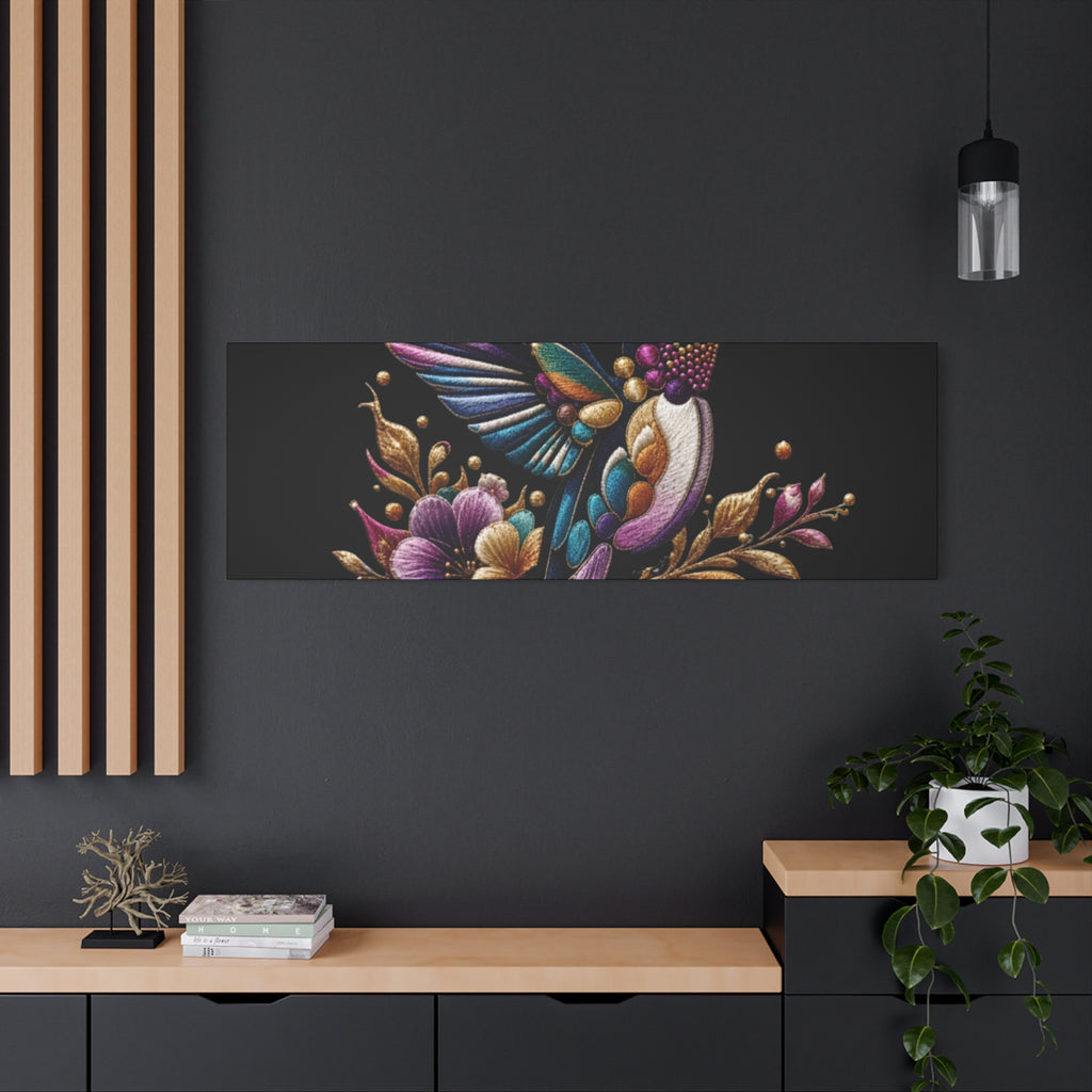 Colorful Hummingbird Floral Canvas Wall Art – Vibrant Bird Print on Black Matte