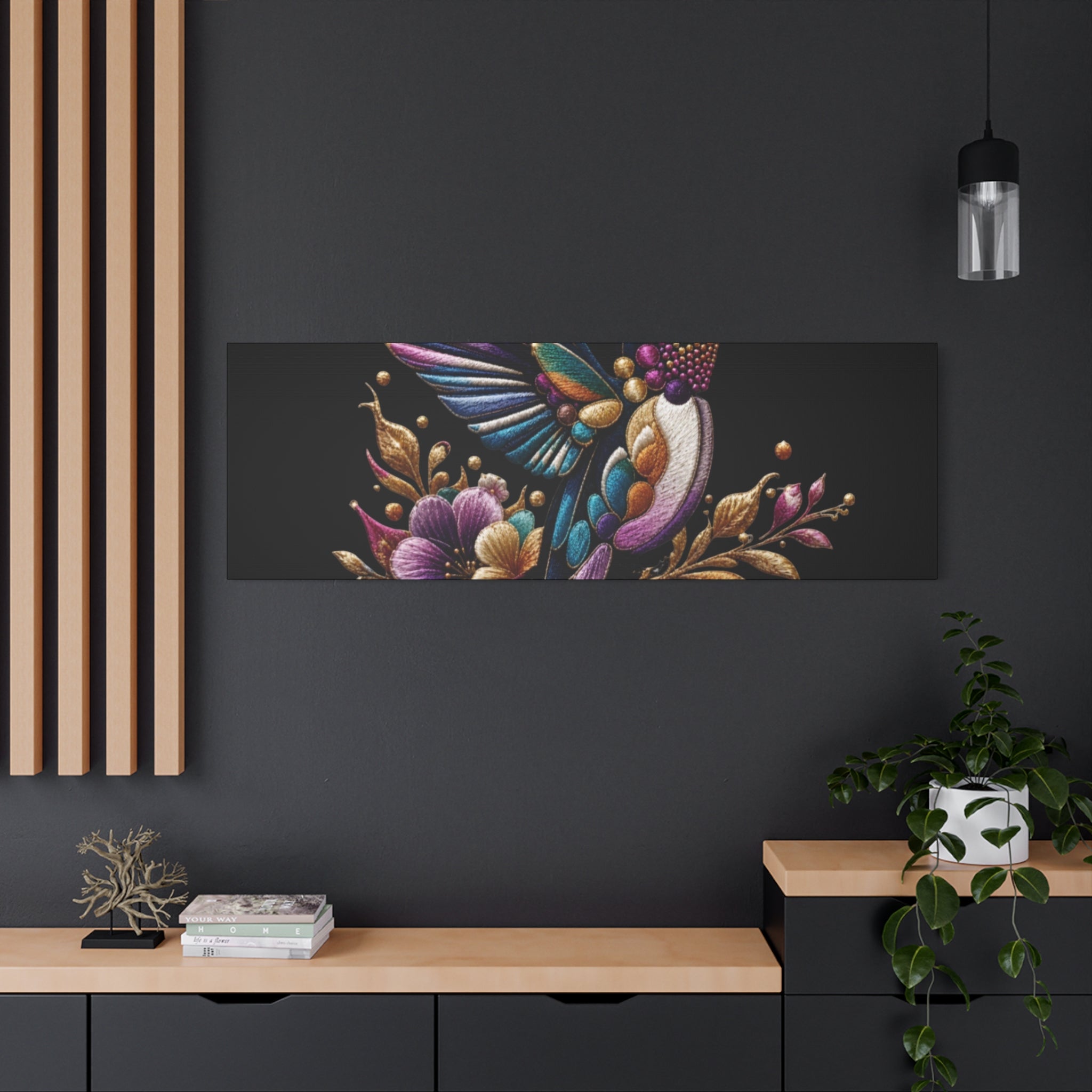Colorful Hummingbird Floral Canvas Wall Art – Vibrant Bird Print on Black Matte