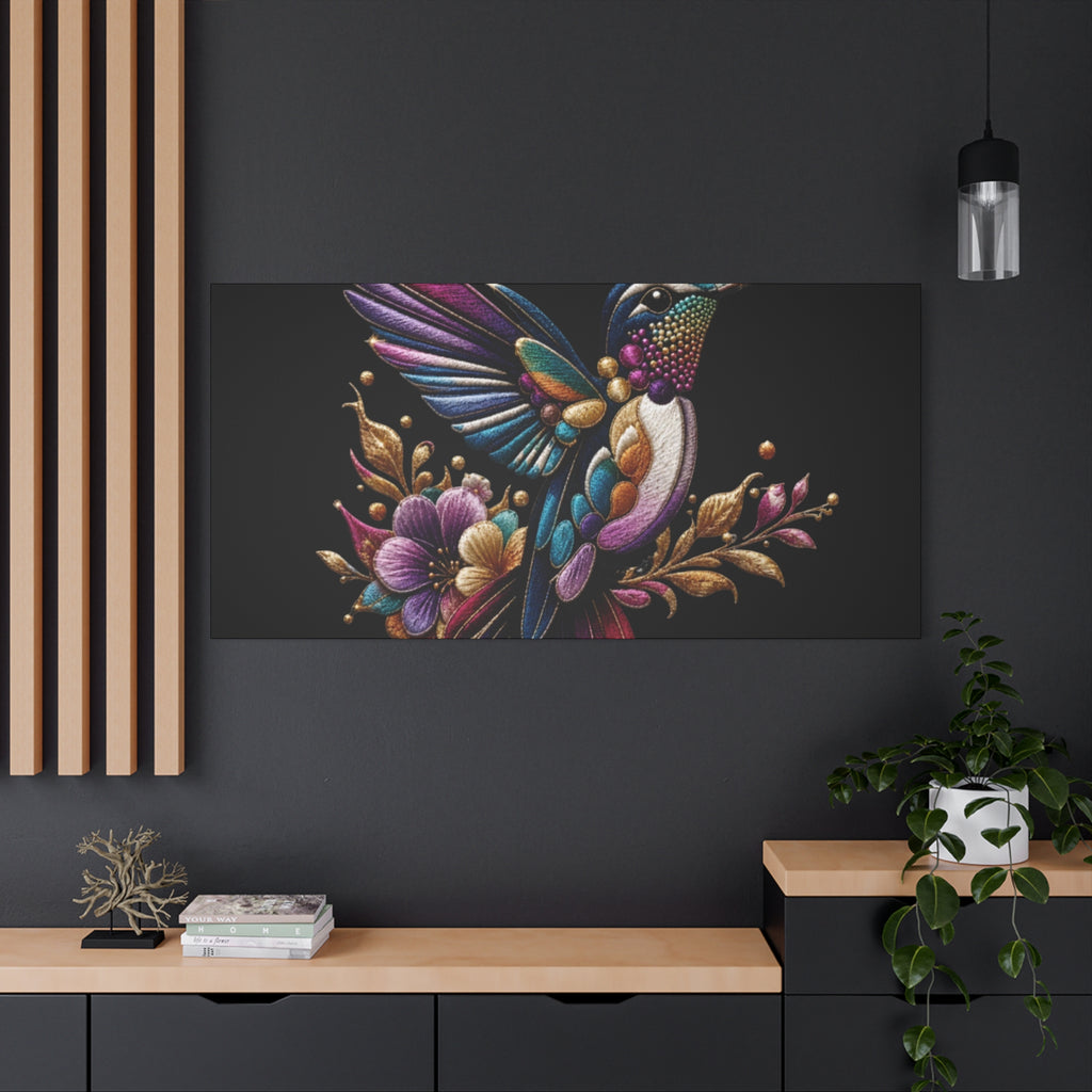 Colorful Hummingbird Floral Canvas Wall Art – Vibrant Bird Print on Black Matte
