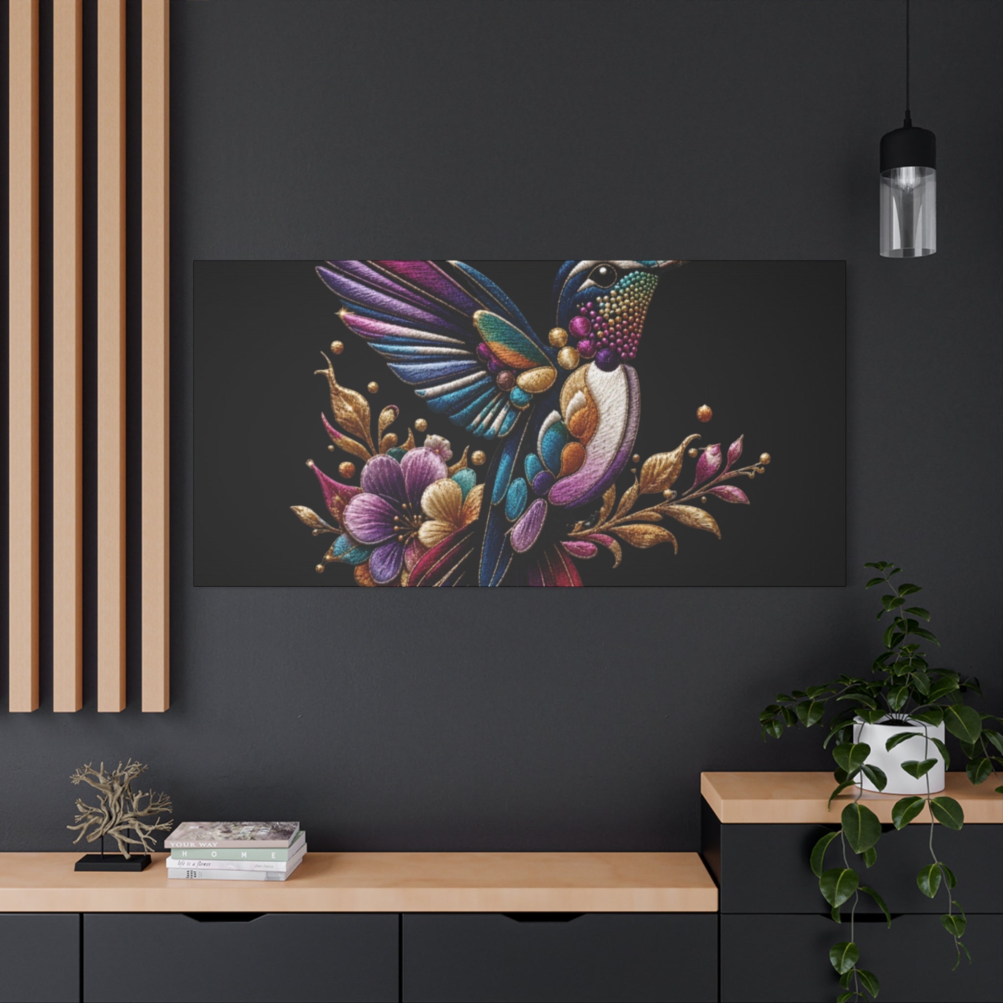 Colorful Hummingbird Floral Canvas Wall Art – Vibrant Bird Print on Black Matte