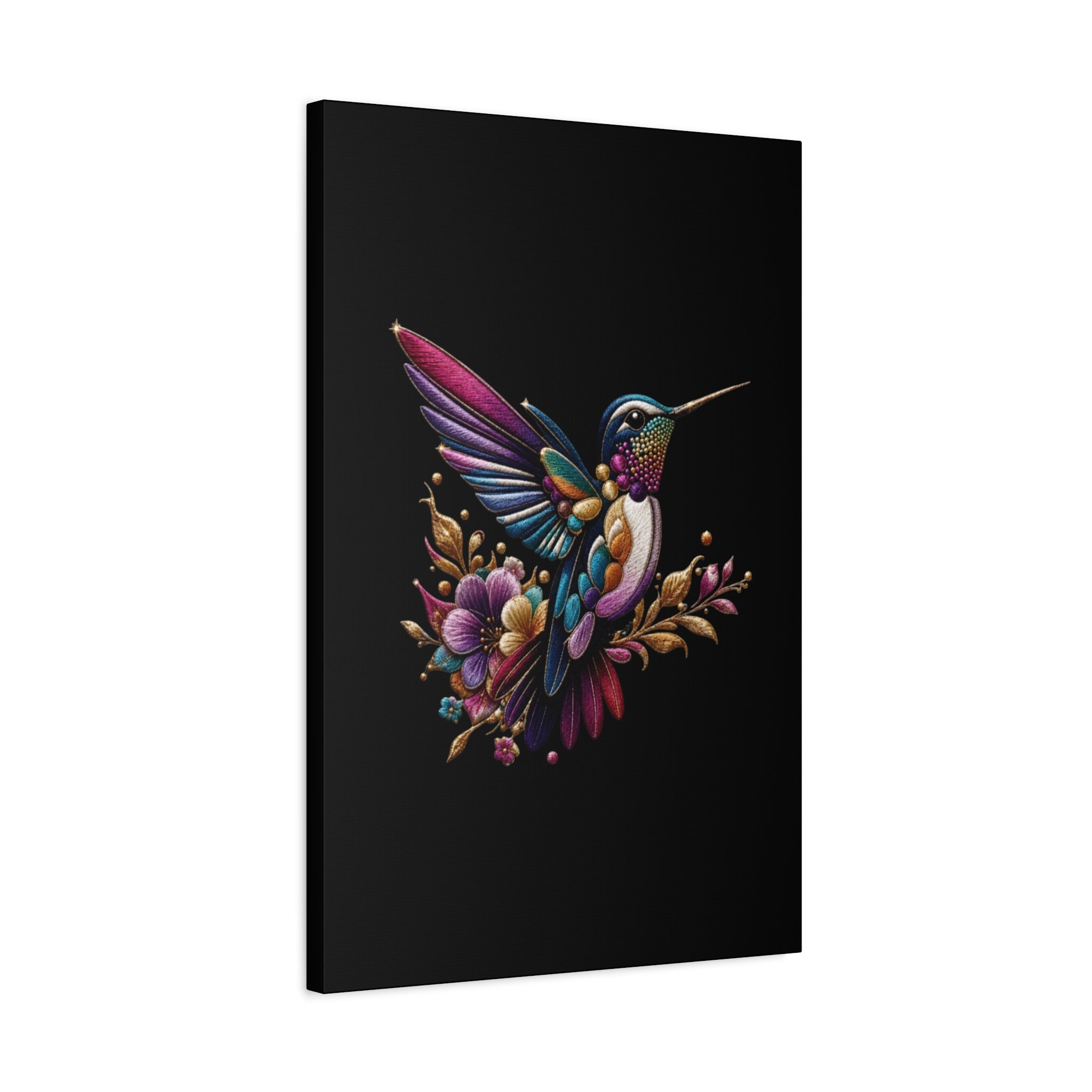 Colorful Hummingbird Floral Canvas Wall Art – Vibrant Bird Print on Black Matte