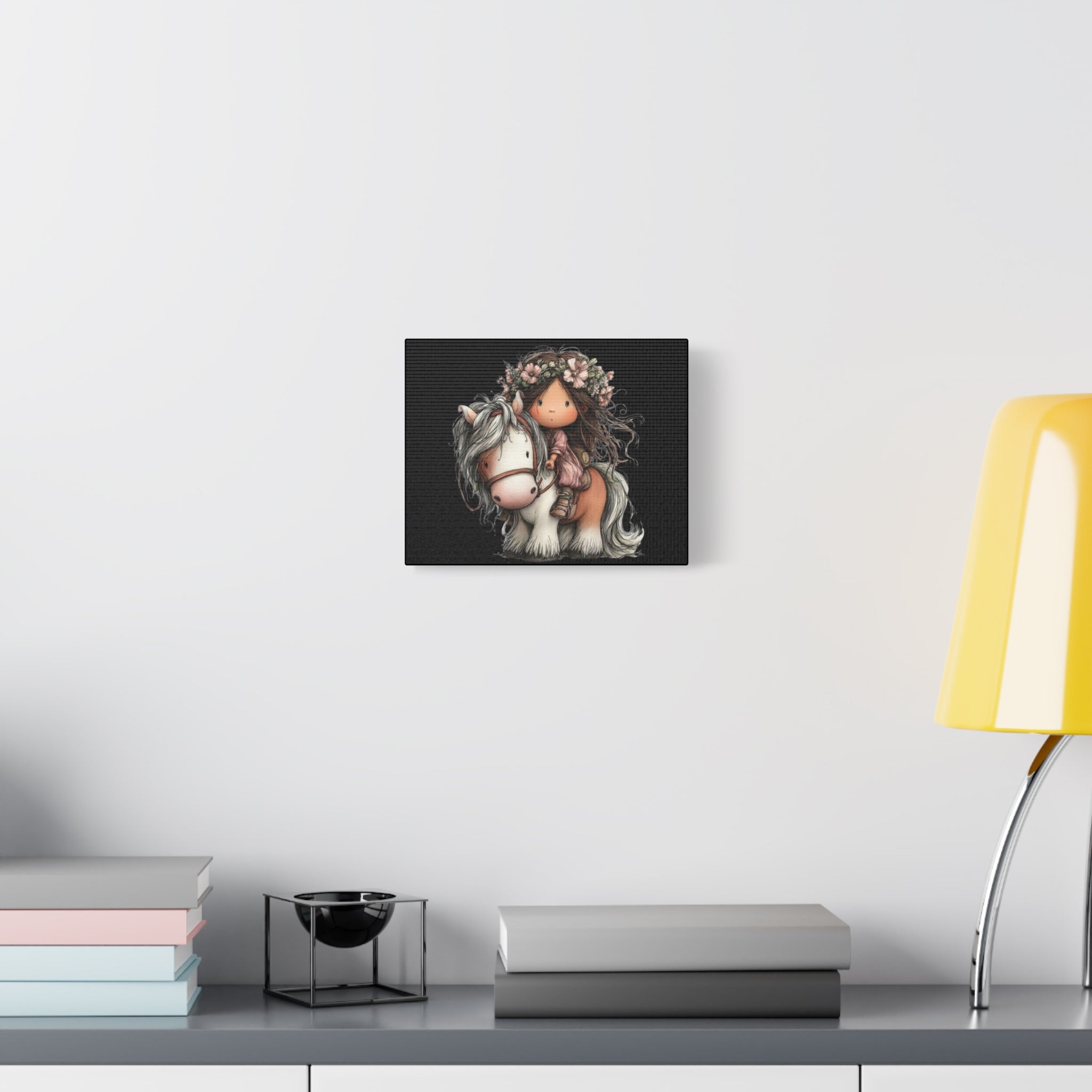 Cute Girl on Pony Canvas Wall Art — Whimsical Floral Crown Nursery Decor