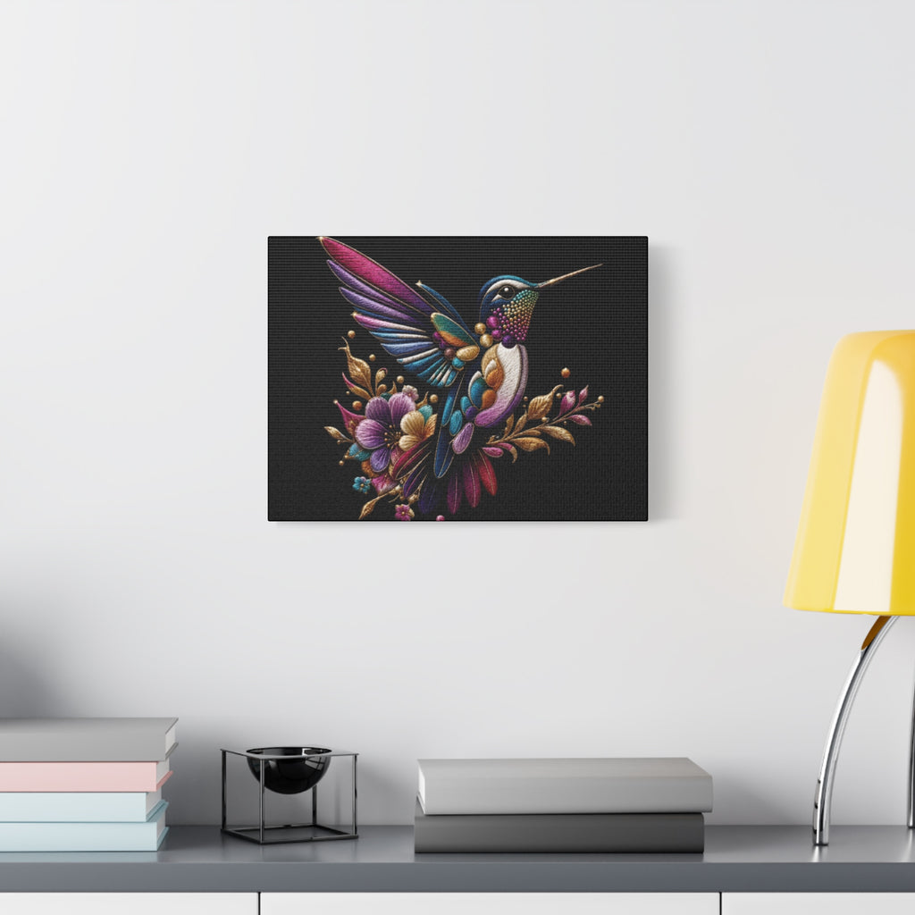 Colorful Hummingbird Floral Canvas Wall Art – Vibrant Bird Print on Black Matte