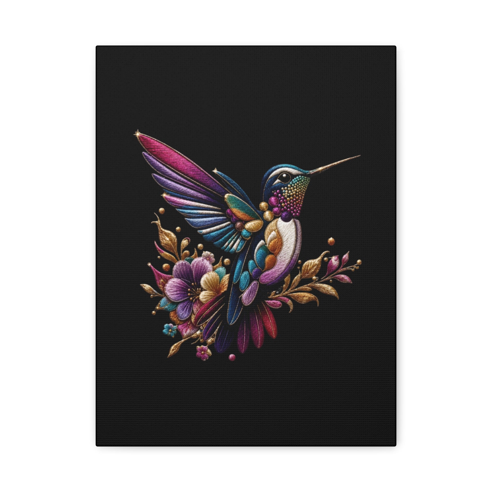 Colorful Hummingbird Floral Canvas Wall Art – Vibrant Bird Print on Black Matte