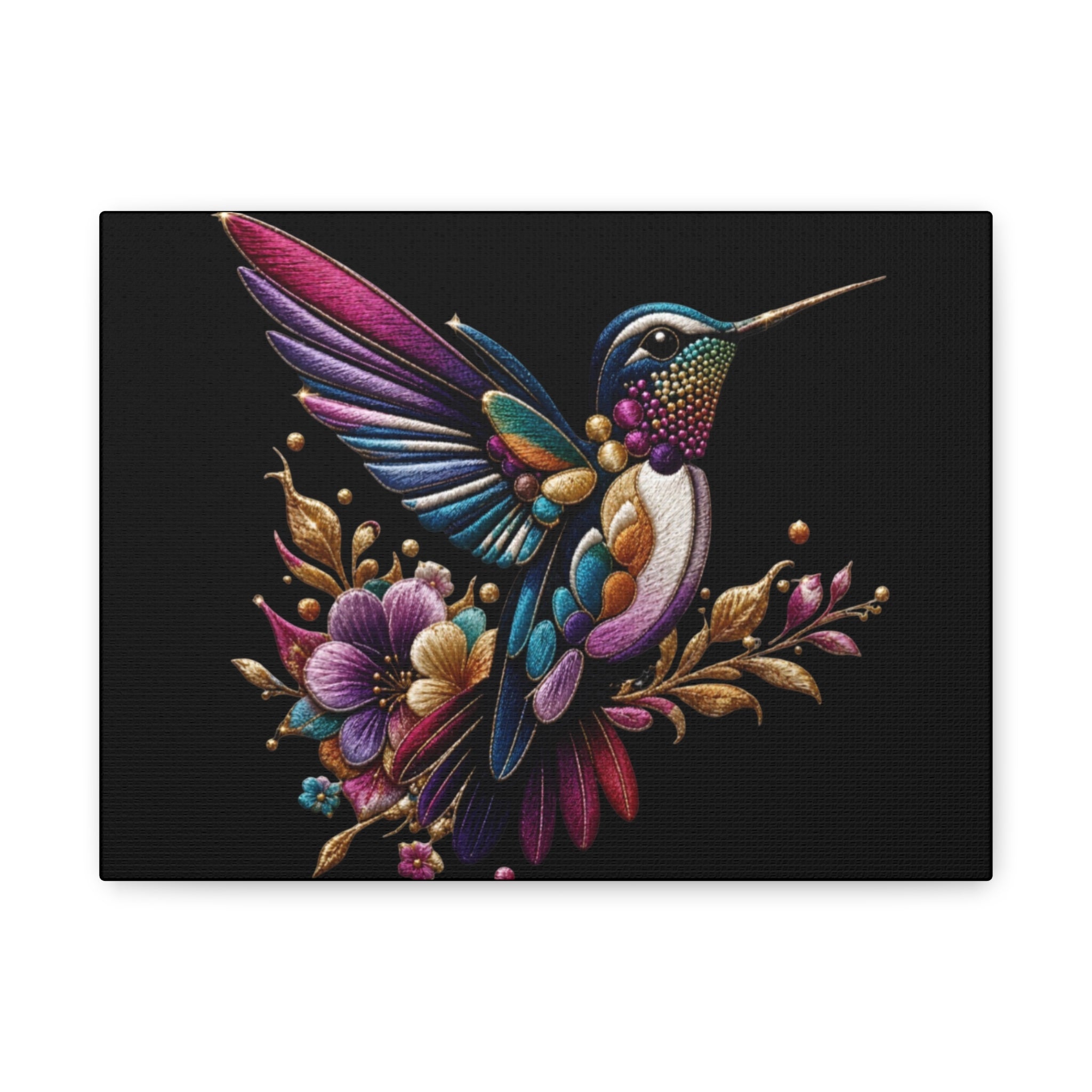 Colorful Hummingbird Floral Canvas Wall Art – Vibrant Bird Print on Black Matte