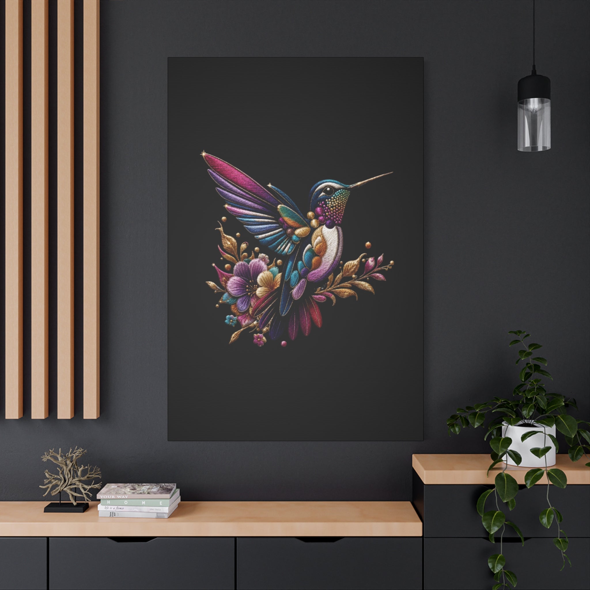 Colorful Hummingbird Floral Canvas Wall Art – Vibrant Bird Print on Black Matte