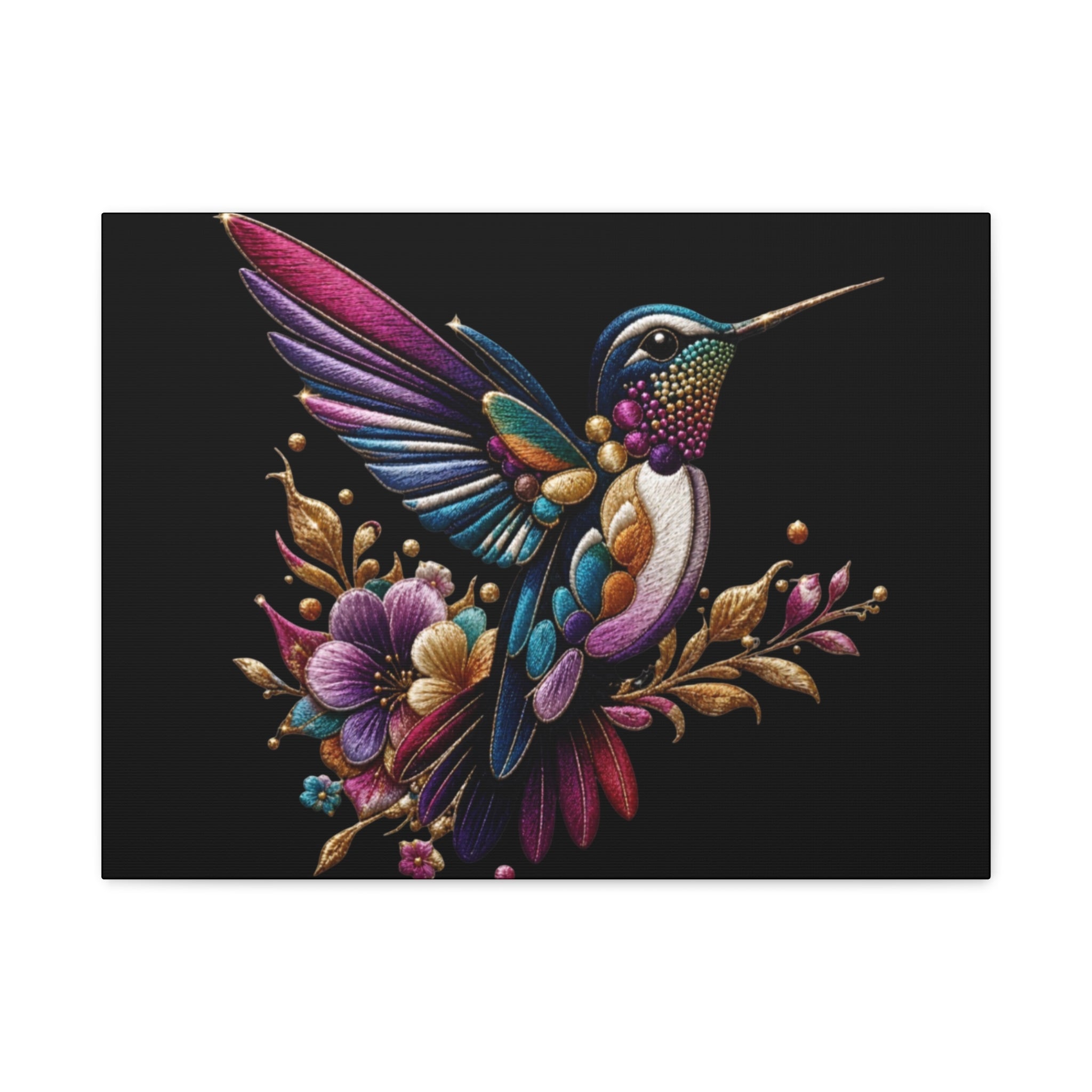 Colorful Hummingbird Floral Canvas Wall Art – Vibrant Bird Print on Black Matte