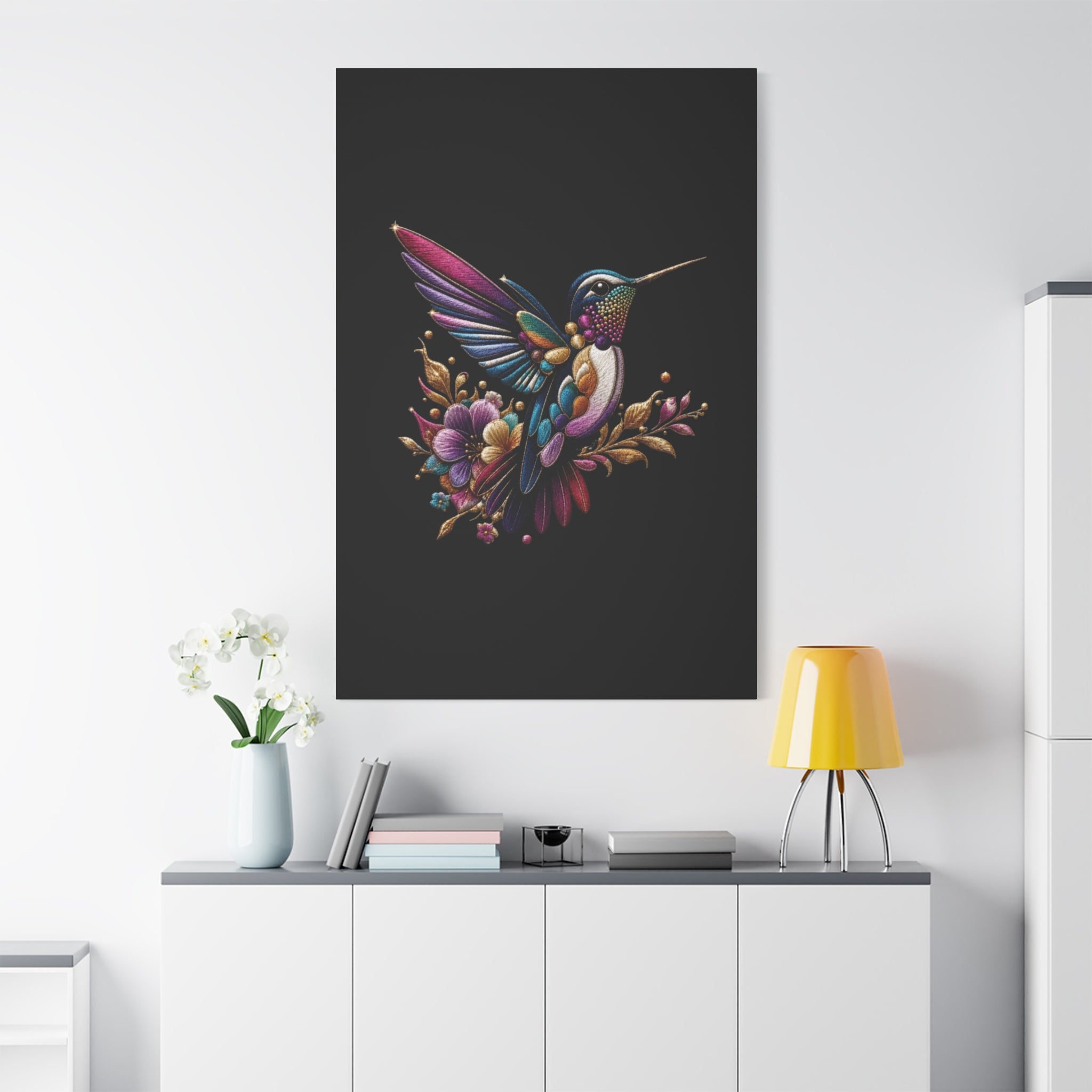 Colorful Hummingbird Floral Canvas Wall Art – Vibrant Bird Print on Black Matte