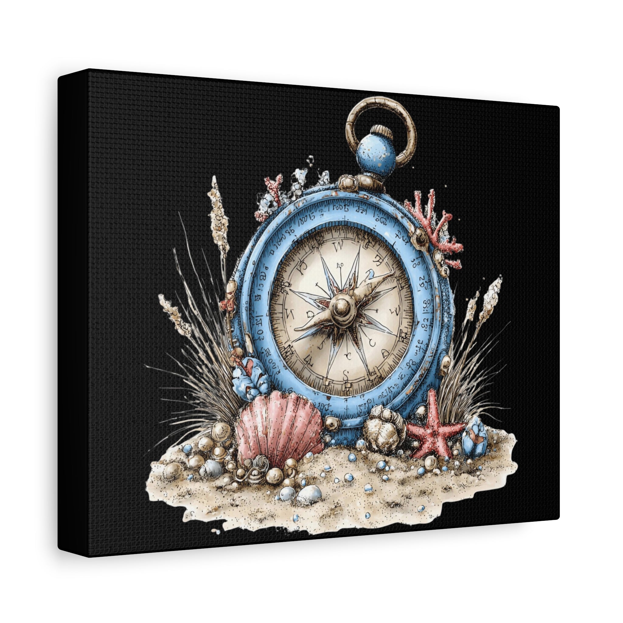 Nautical Compass Canvas Wall Art — Vintage Sea Shell Beach Decor