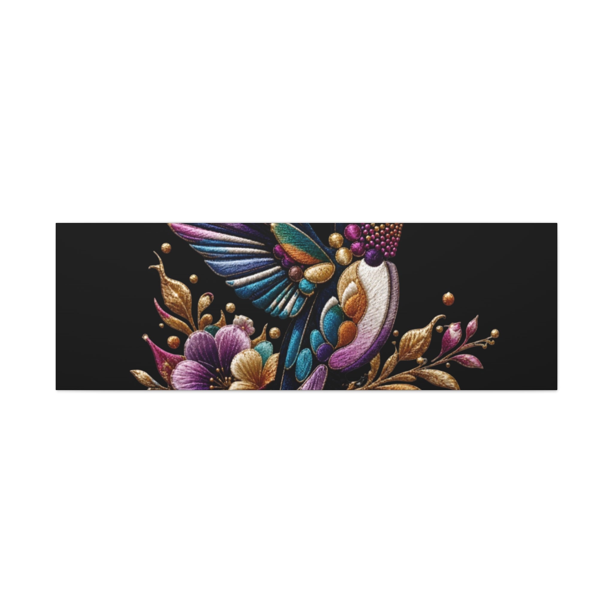 Colorful Hummingbird Floral Canvas Wall Art – Vibrant Bird Print on Black Matte