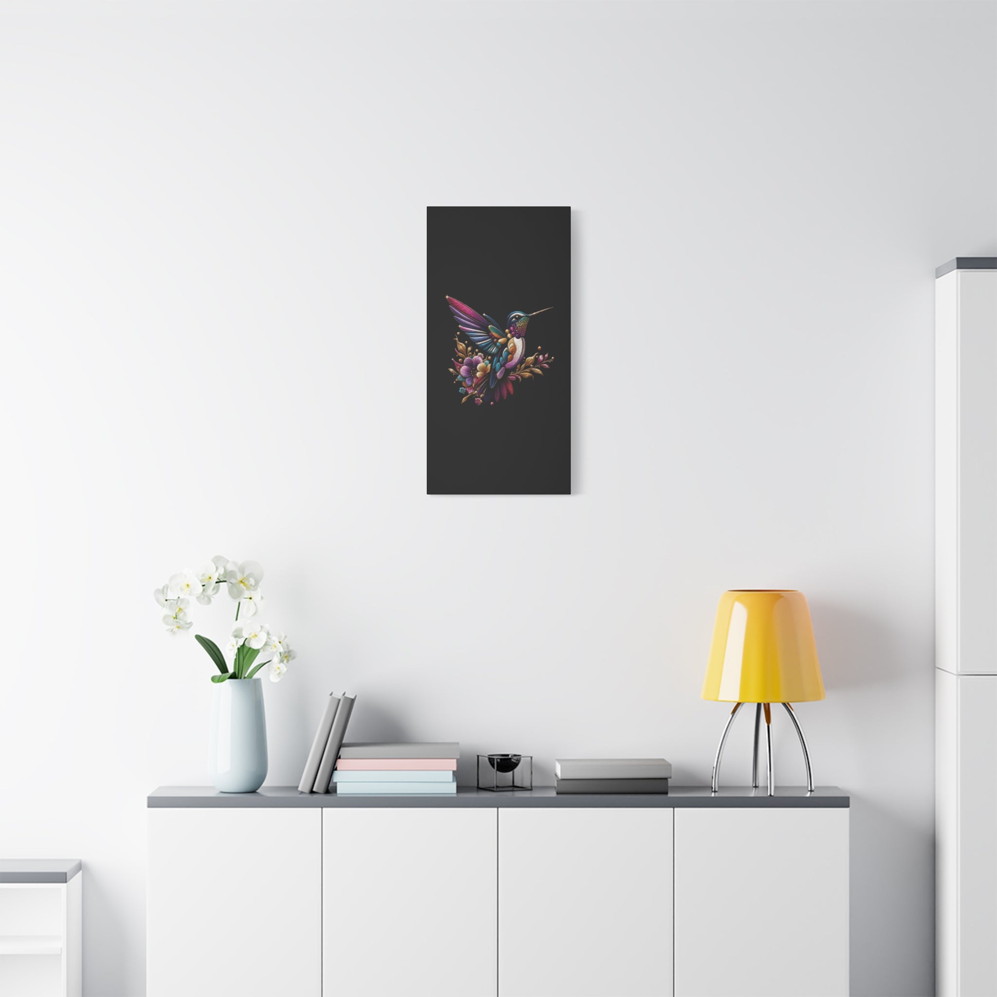 Colorful Hummingbird Floral Canvas Wall Art – Vibrant Bird Print on Black Matte