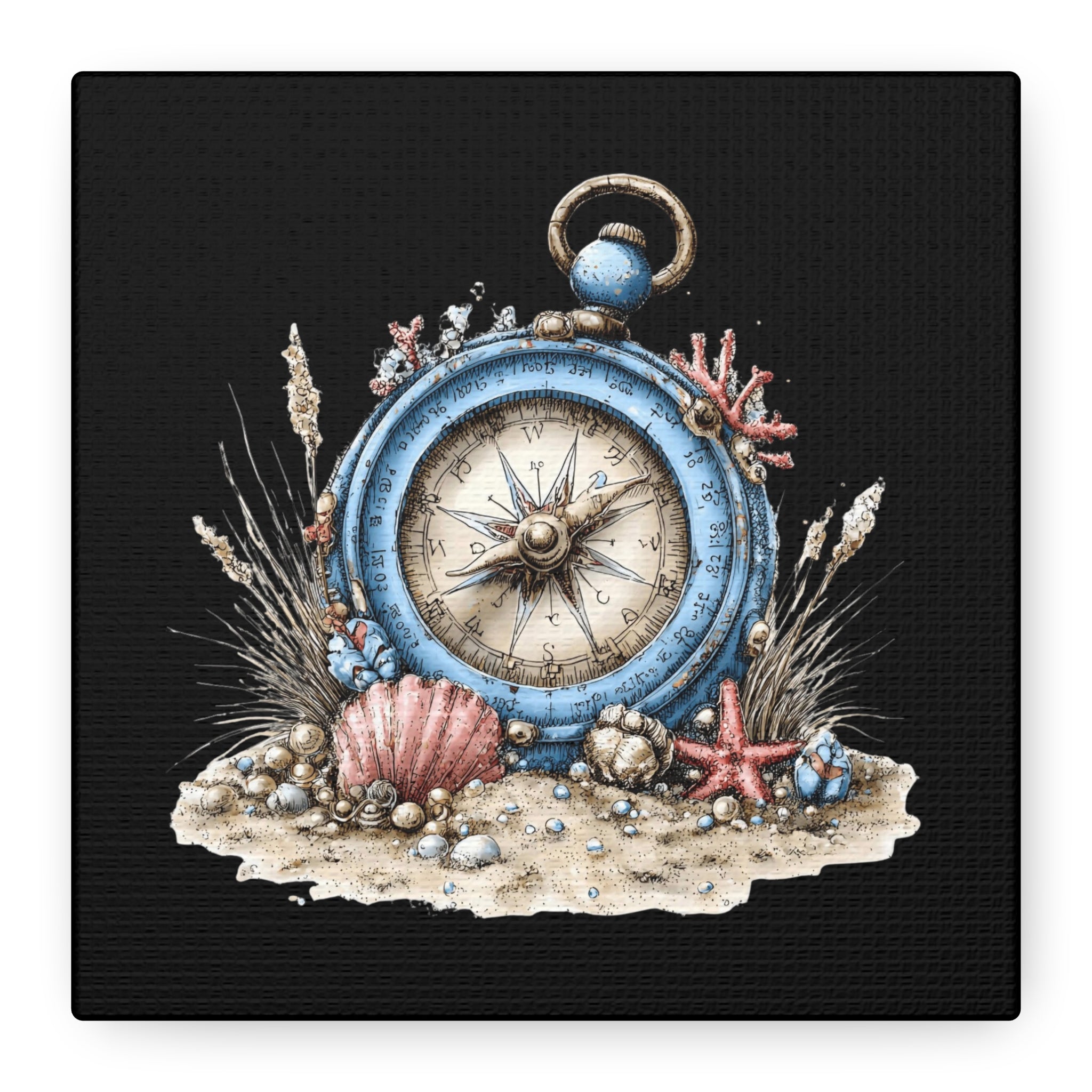 Nautical Compass Canvas Wall Art — Vintage Sea Shell Beach Decor