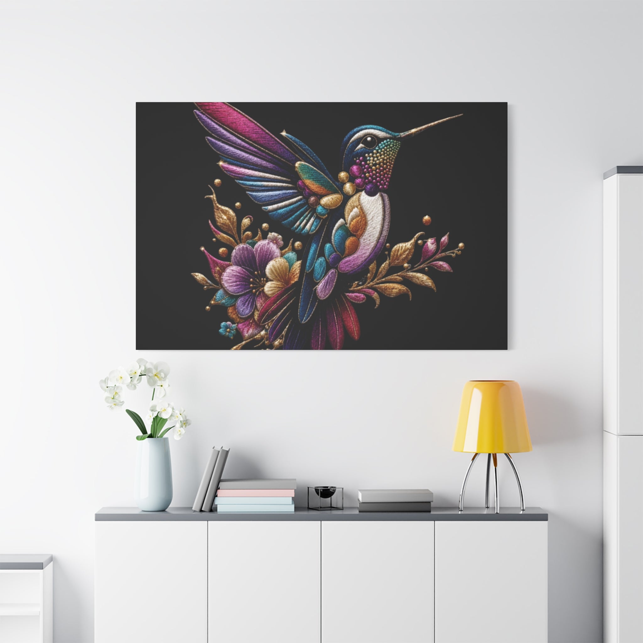 Colorful Hummingbird Floral Canvas Wall Art – Vibrant Bird Print on Black Matte