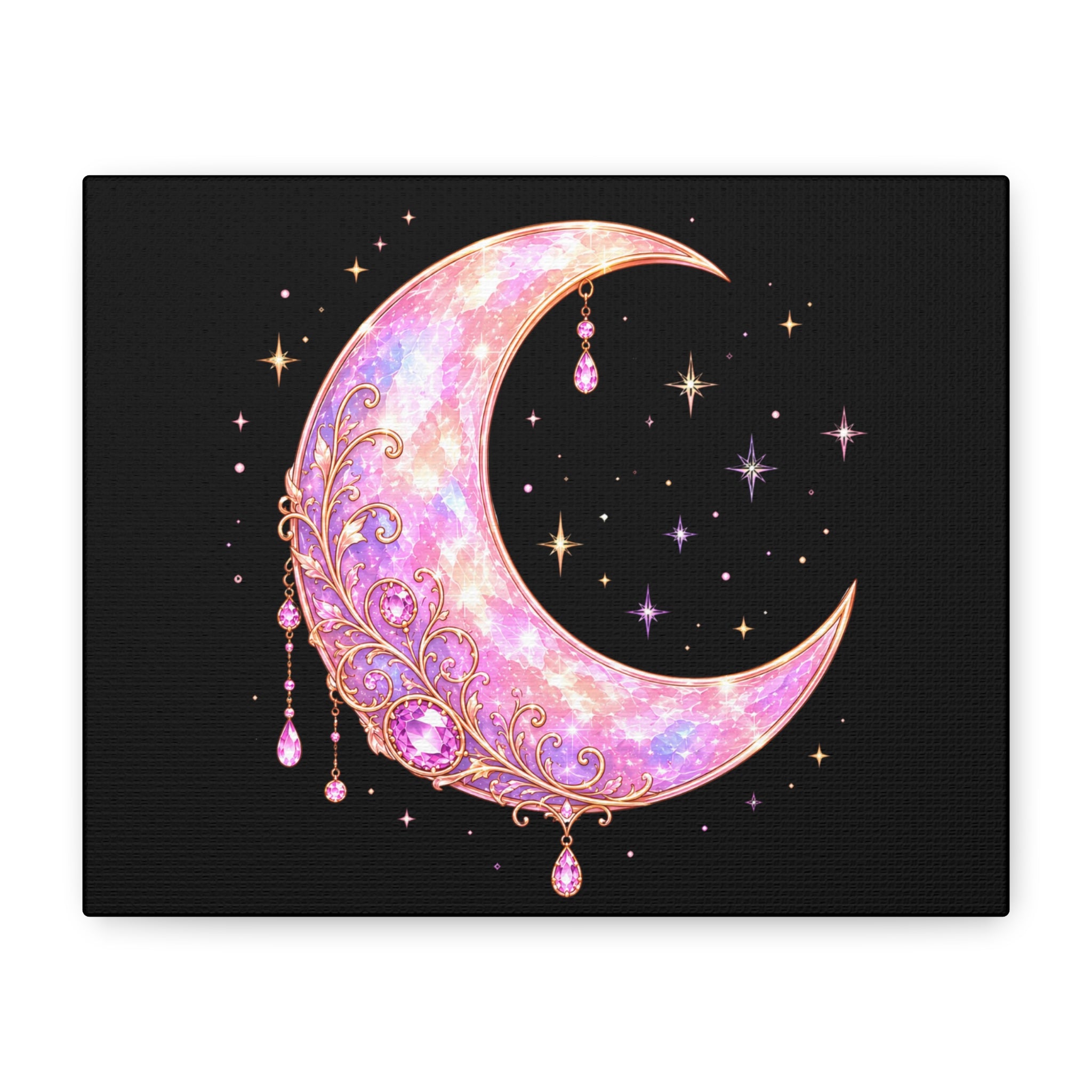 Pink Jewel Moon Canvas Wall Art — Sparkling Crescent Moon Print for Bedroom, Nursery & Boho Décor