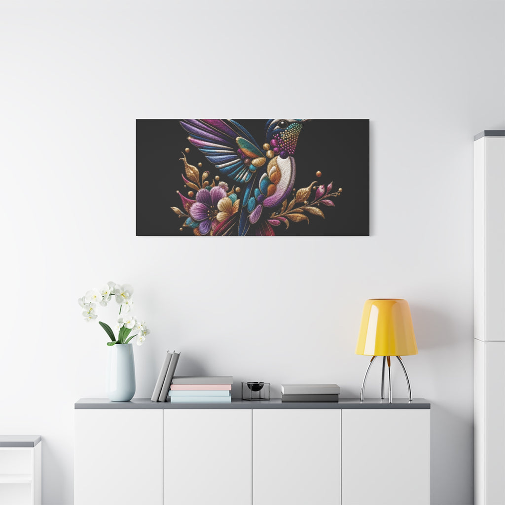 Colorful Hummingbird Floral Canvas Wall Art – Vibrant Bird Print on Black Matte