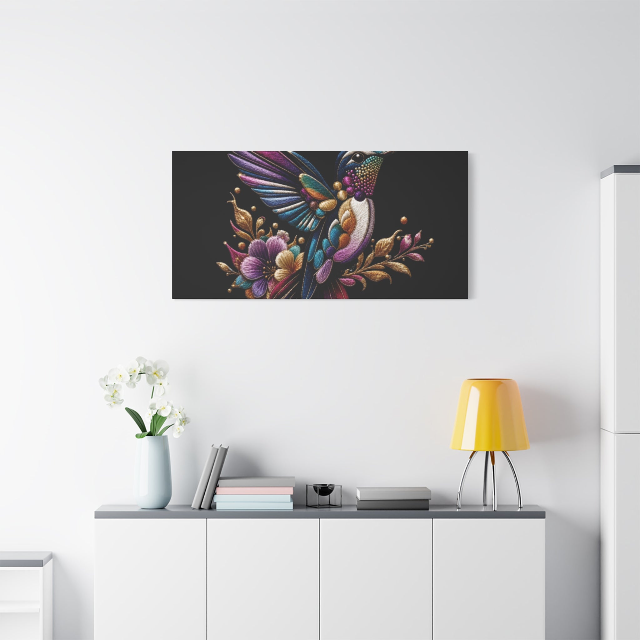 Colorful Hummingbird Floral Canvas Wall Art – Vibrant Bird Print on Black Matte