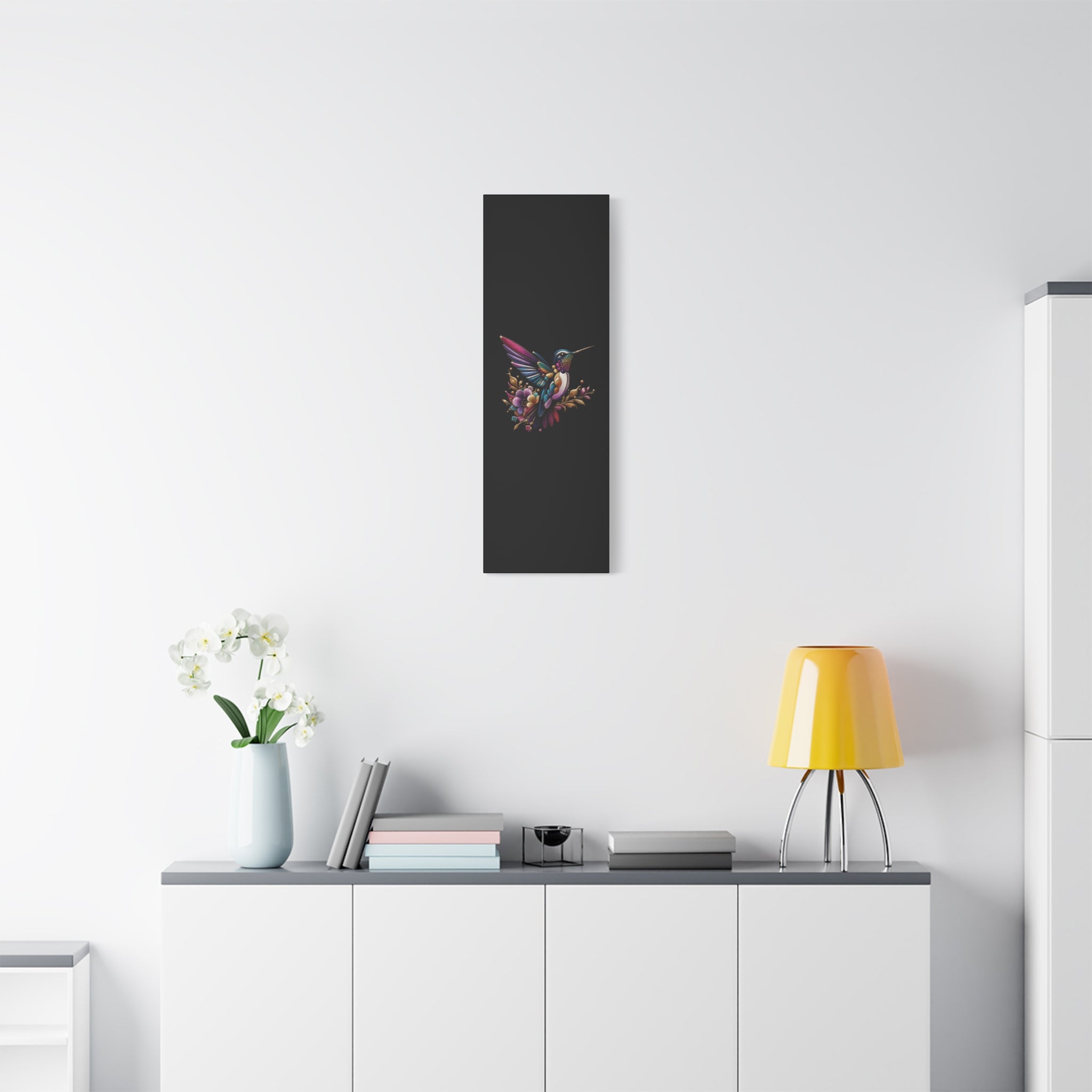 Colorful Hummingbird Floral Canvas Wall Art – Vibrant Bird Print on Black Matte