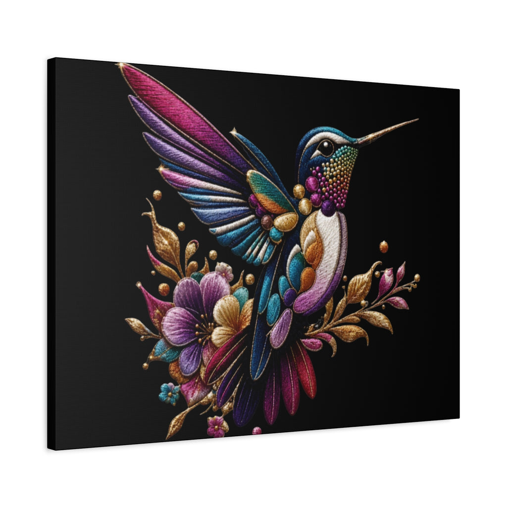 Colorful Hummingbird Floral Canvas Wall Art – Vibrant Bird Print on Black Matte