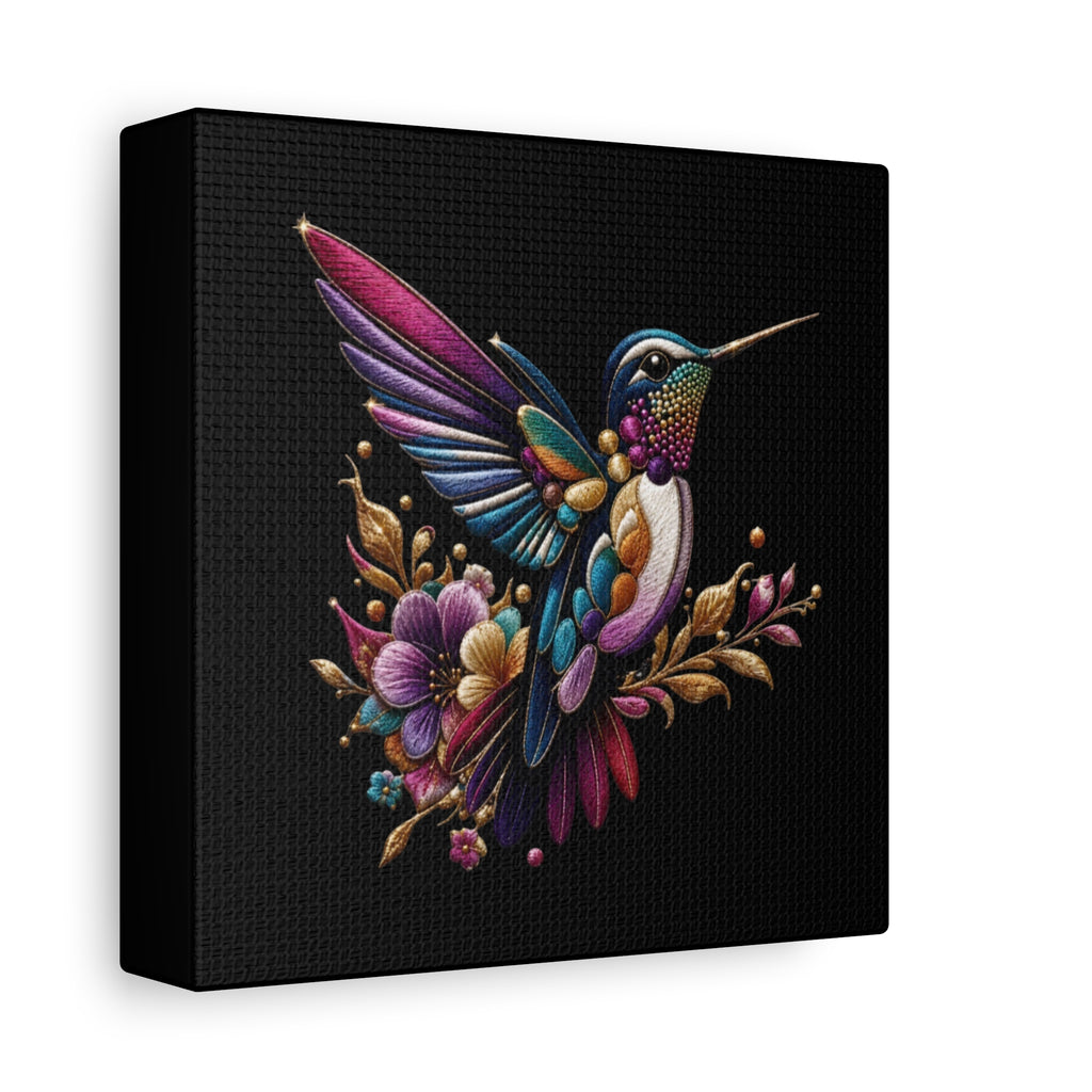Colorful Hummingbird Floral Canvas Wall Art – Vibrant Bird Print on Black Matte