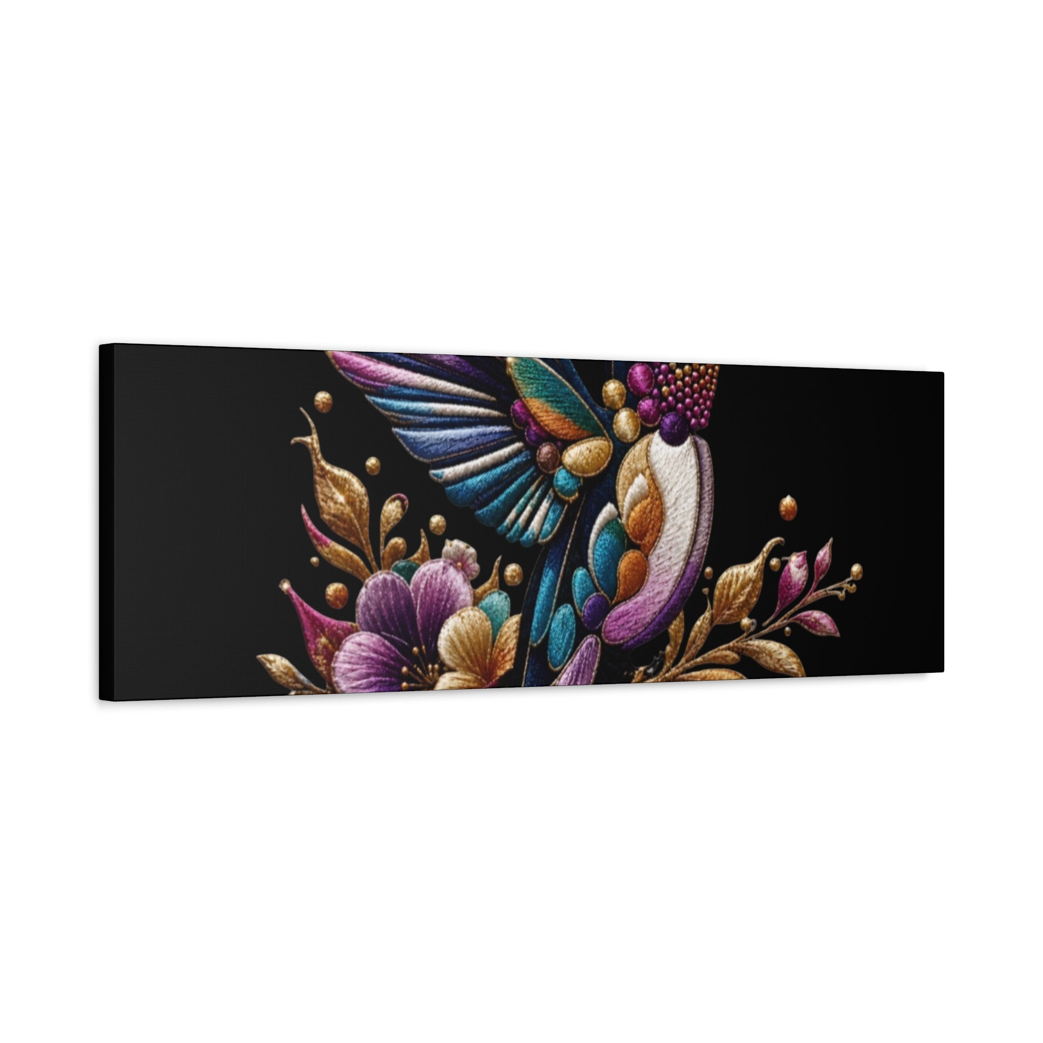Colorful Hummingbird Floral Canvas Wall Art – Vibrant Bird Print on Black Matte