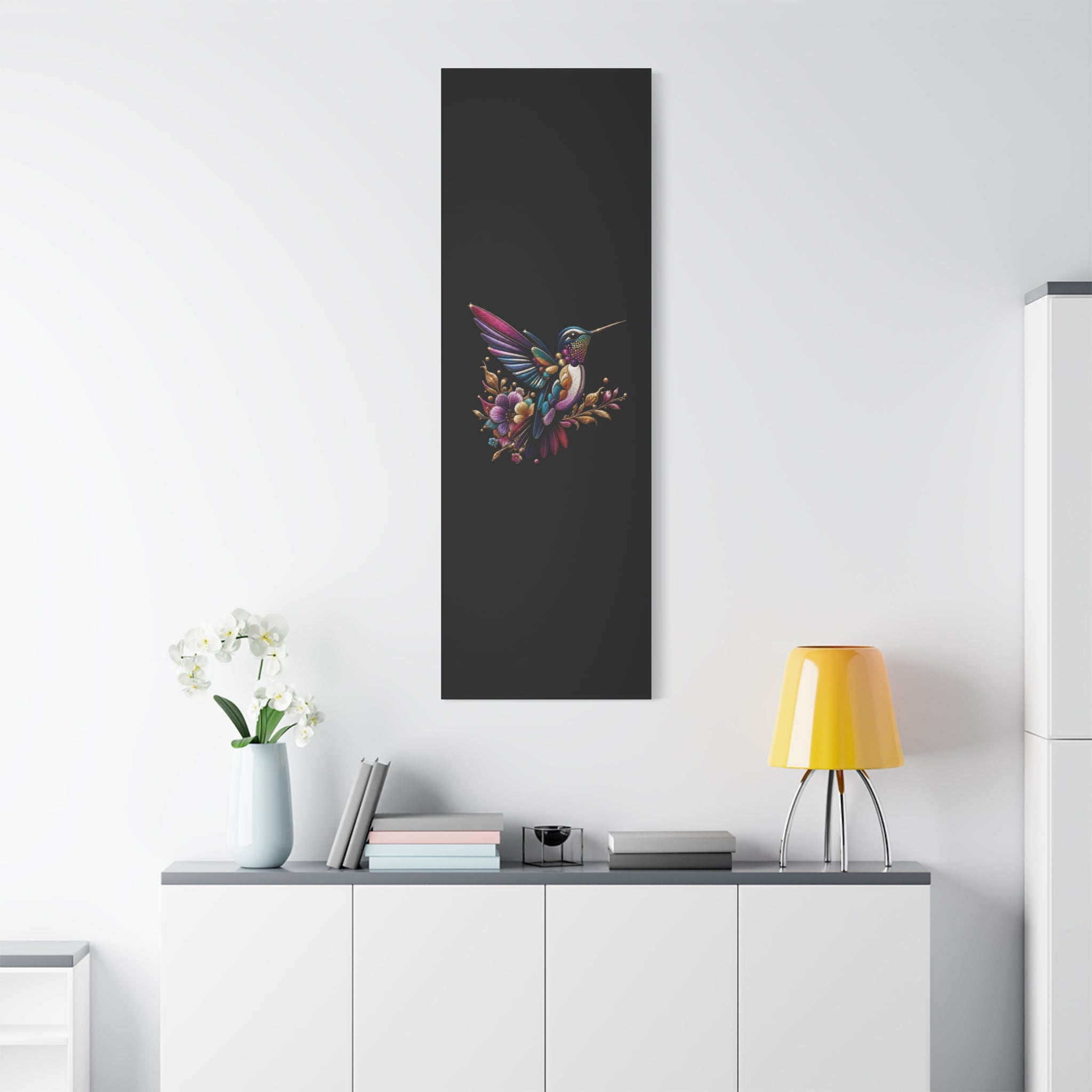 Colorful Hummingbird Floral Canvas Wall Art – Vibrant Bird Print on Black Matte