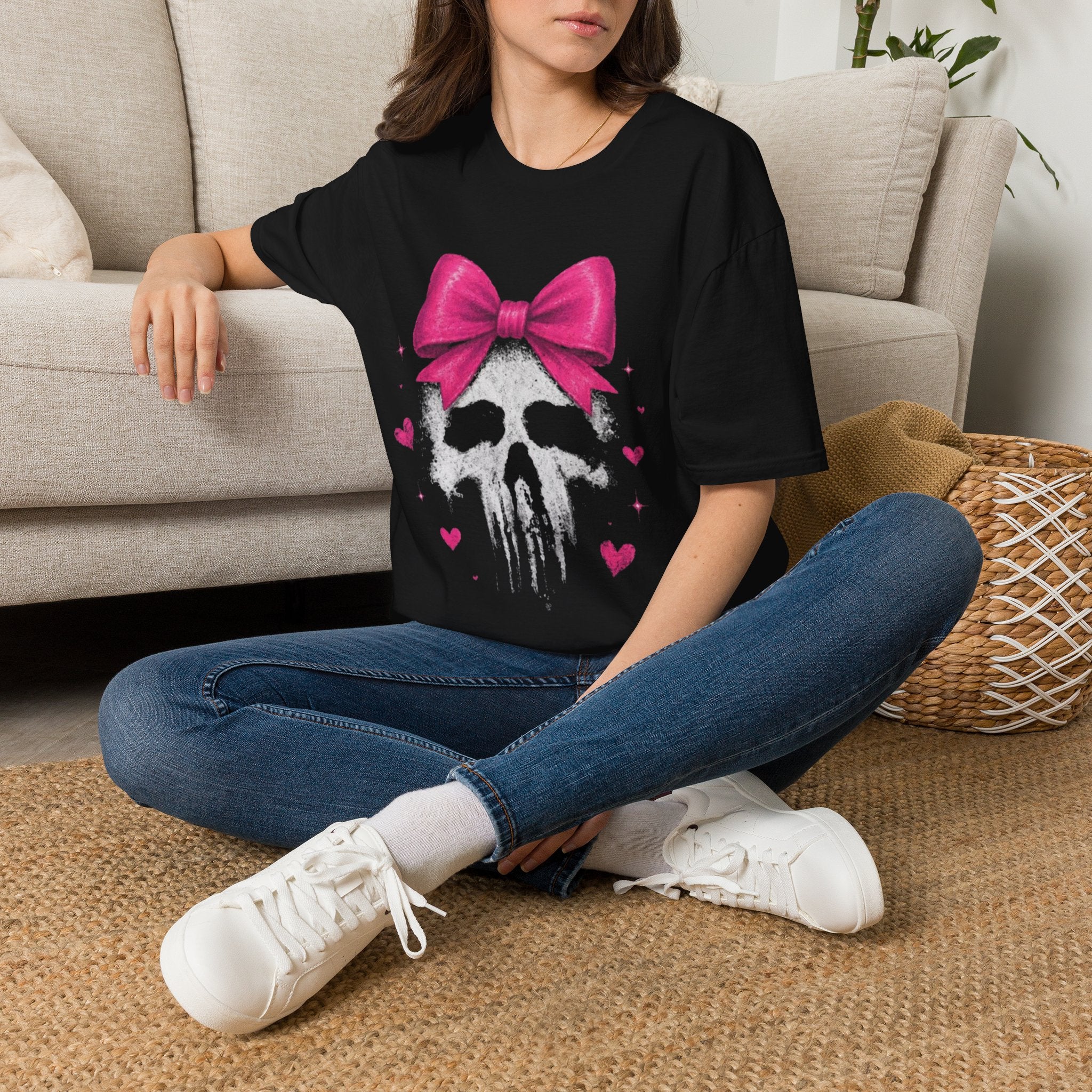 Pink Bow Skull T-Shirt — Cute Gothic Heart Graphic Tee