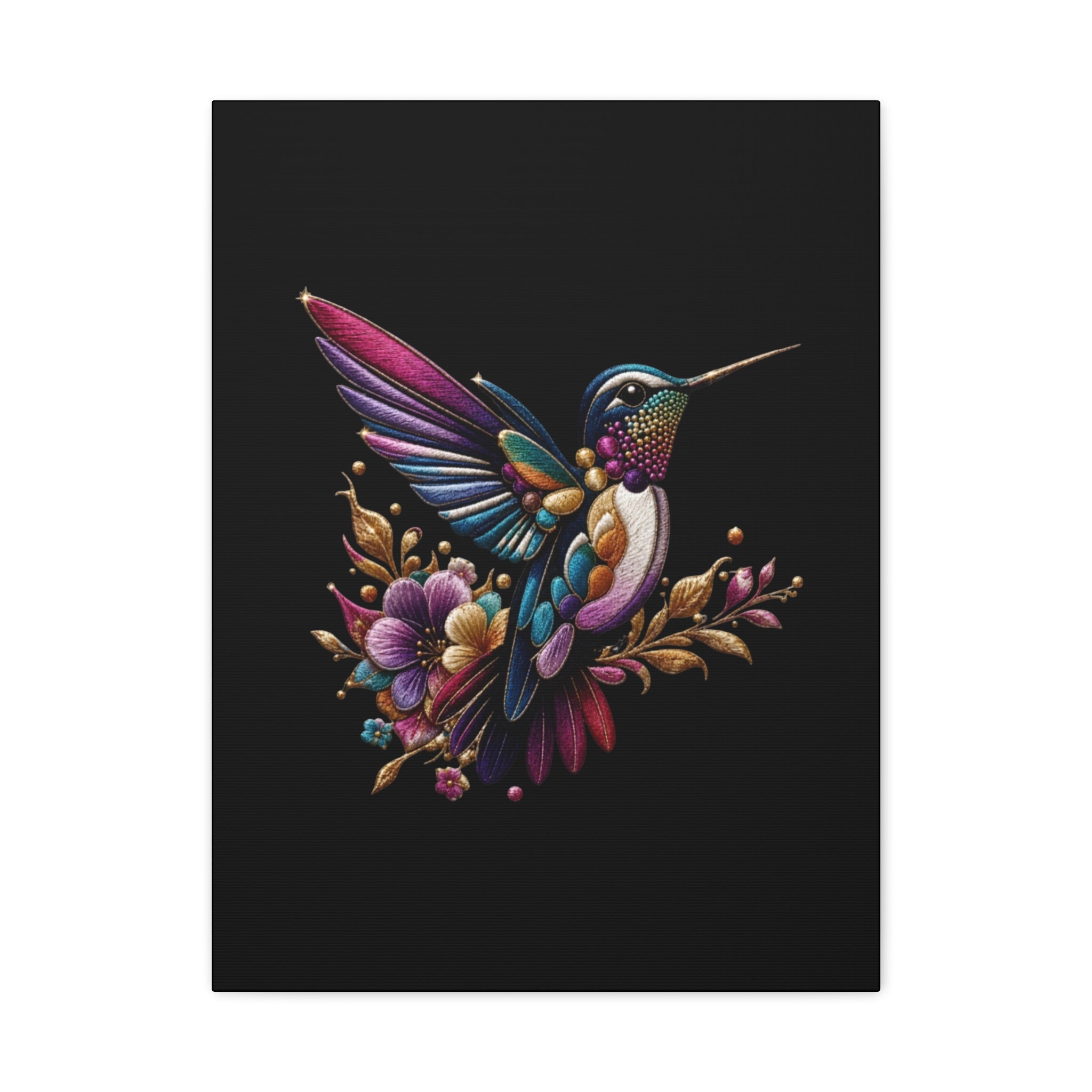 Colorful Hummingbird Floral Canvas Wall Art – Vibrant Bird Print on Black Matte