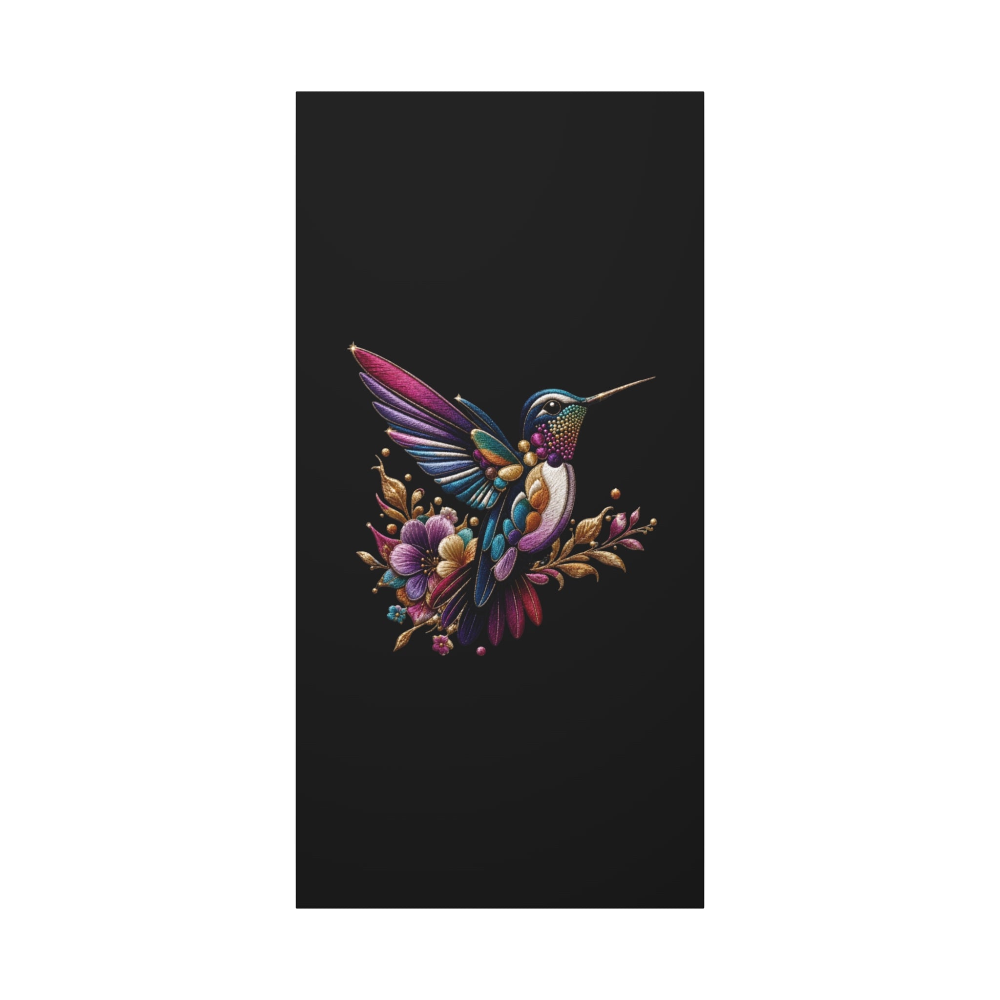 Colorful Hummingbird Floral Canvas Wall Art – Vibrant Bird Print on Black Matte