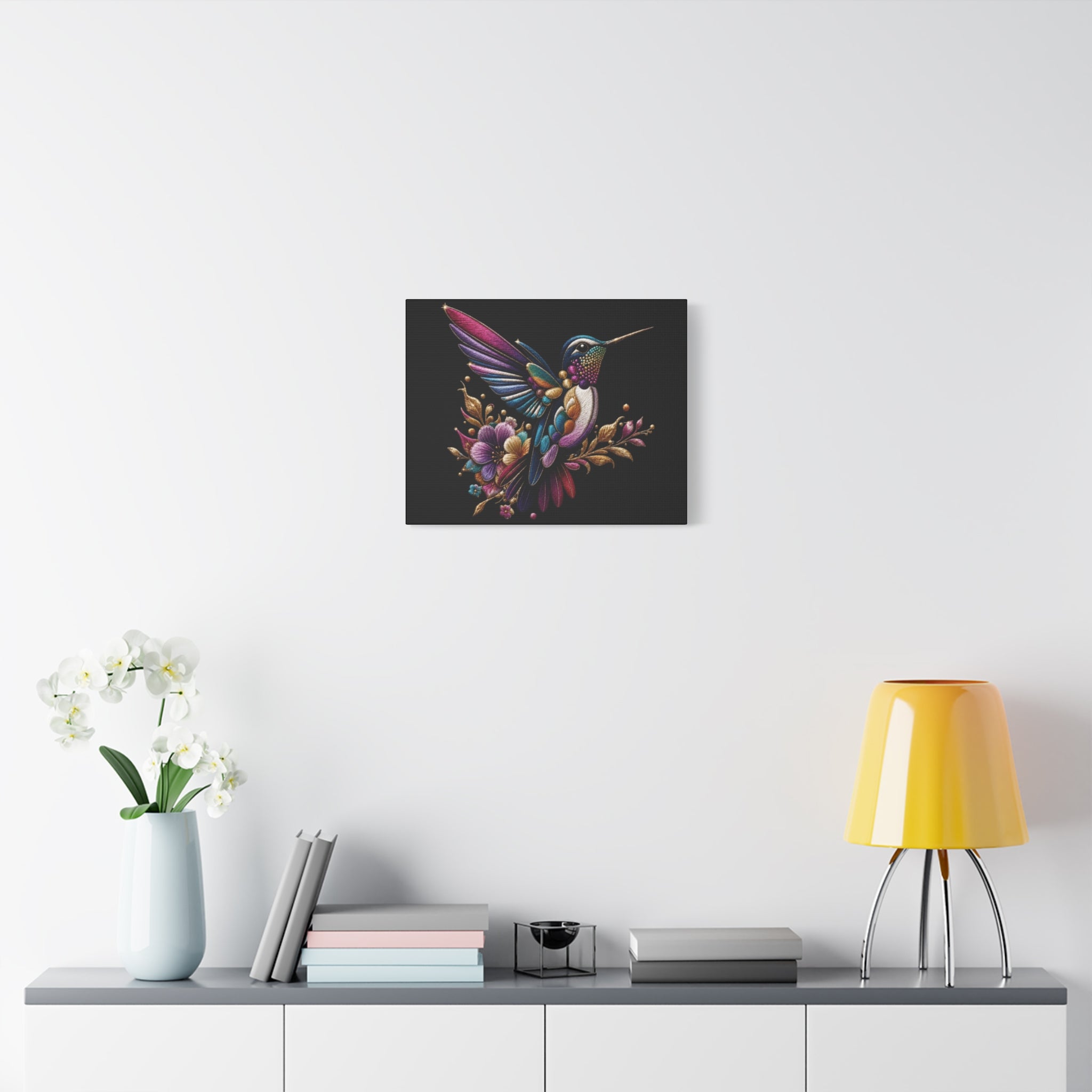 Colorful Hummingbird Floral Canvas Wall Art – Vibrant Bird Print on Black Matte