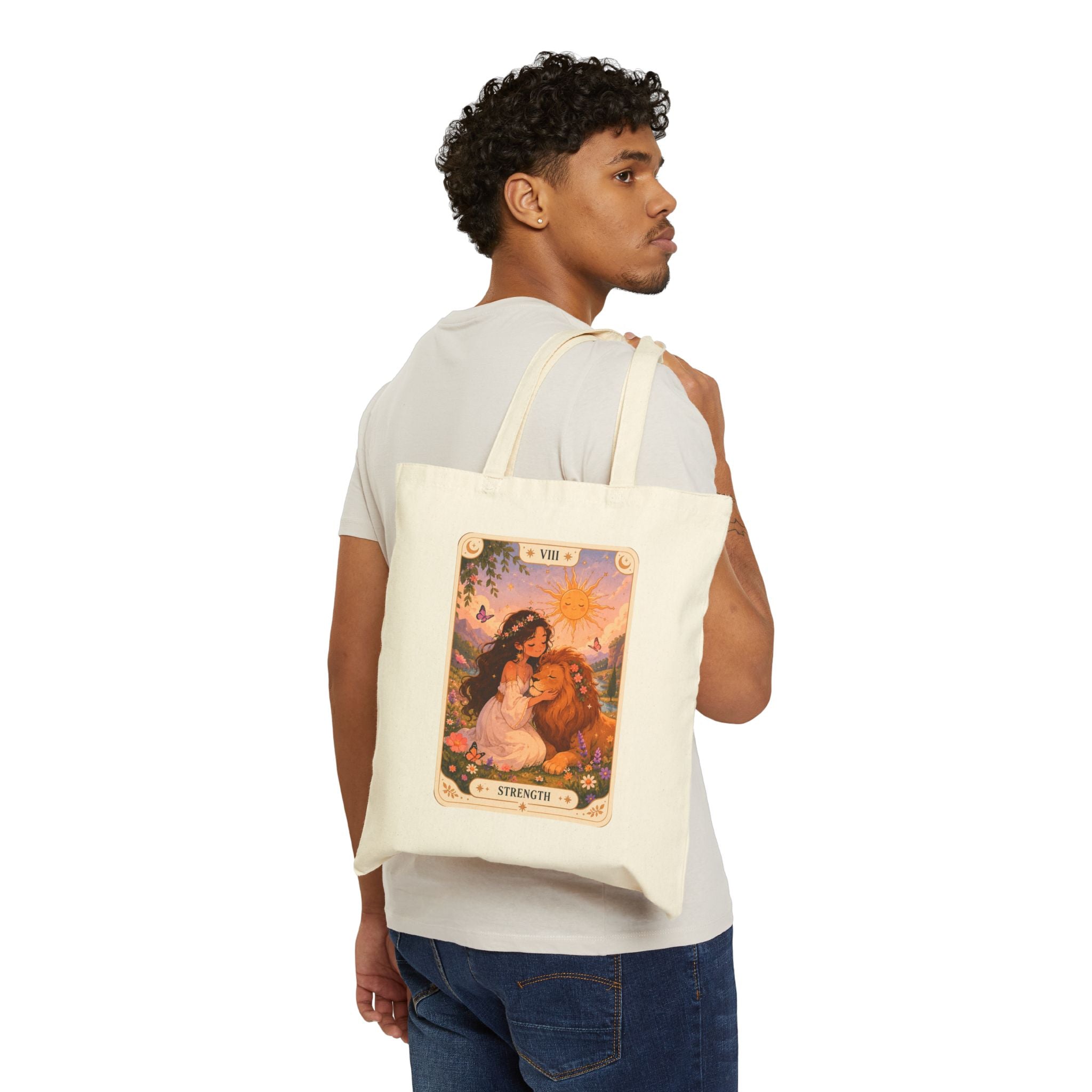 Strength Tarot Tote Bag — Vintage Tarot Card Cotton Canvas Shopper